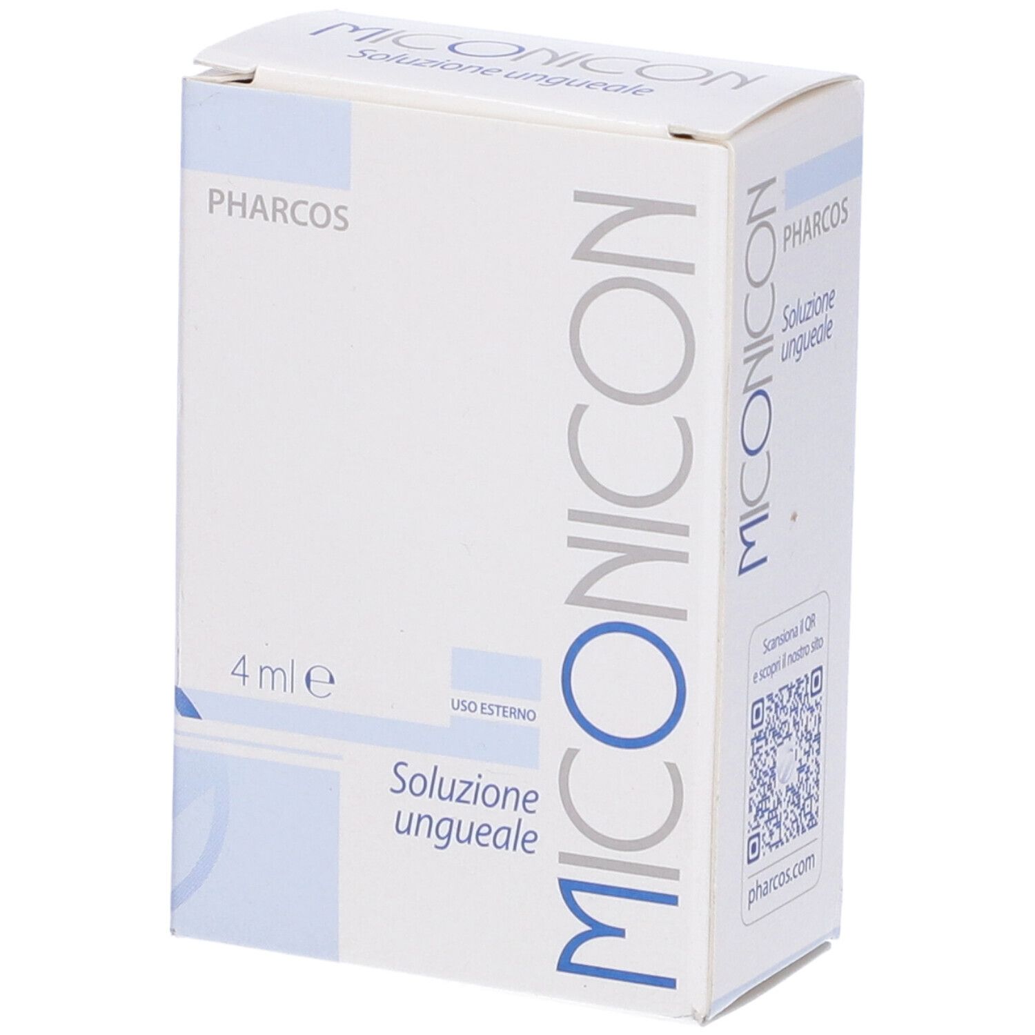 Schachtel mit blauer Schrift. Aufschrift: Miconicon, Pharcos, 4 ml. Lösung für Nägel.