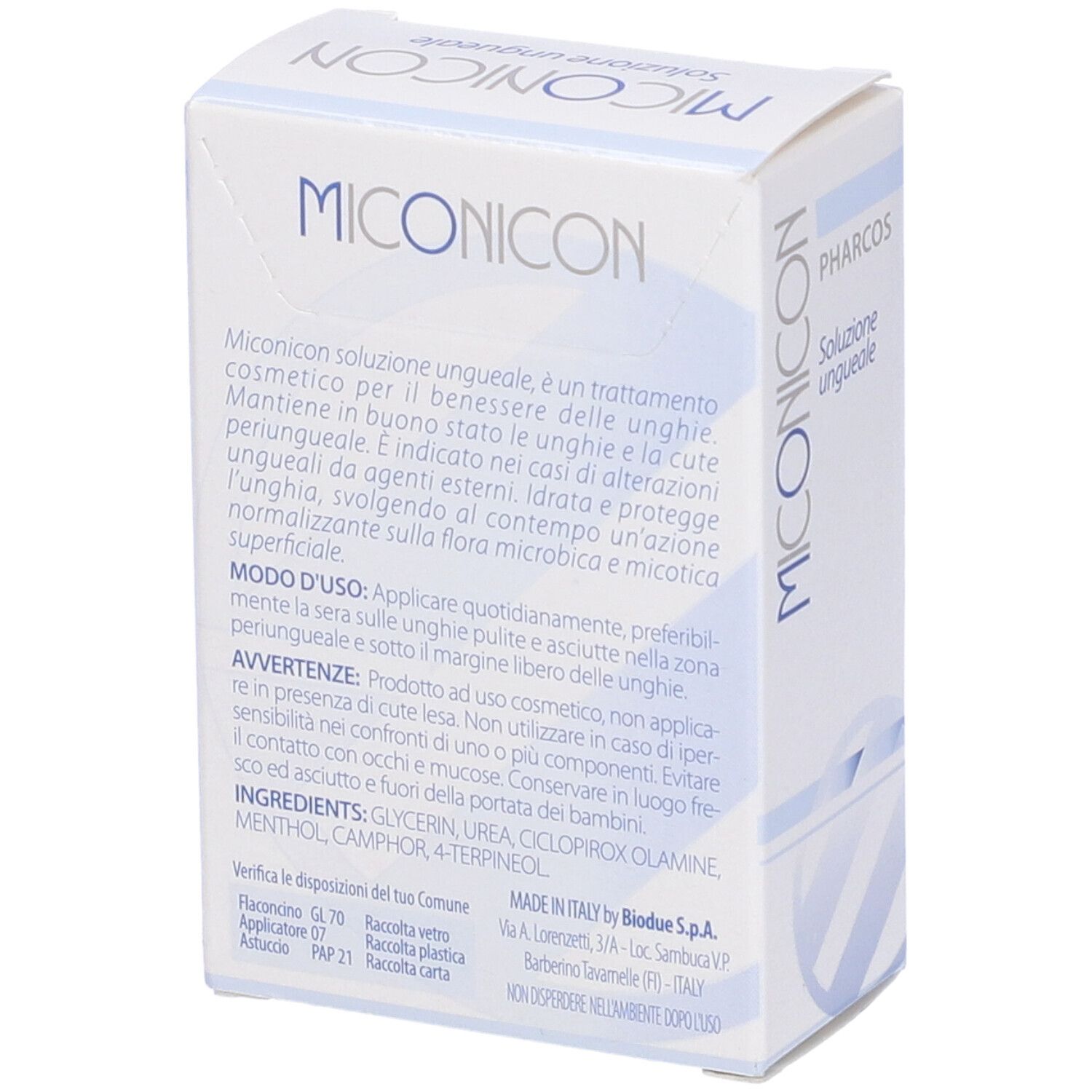Weiße Schachtel mit Text. Aufschrift: Miconicon, Pharcos. Enthält Informationen und Inhaltsstoffe.