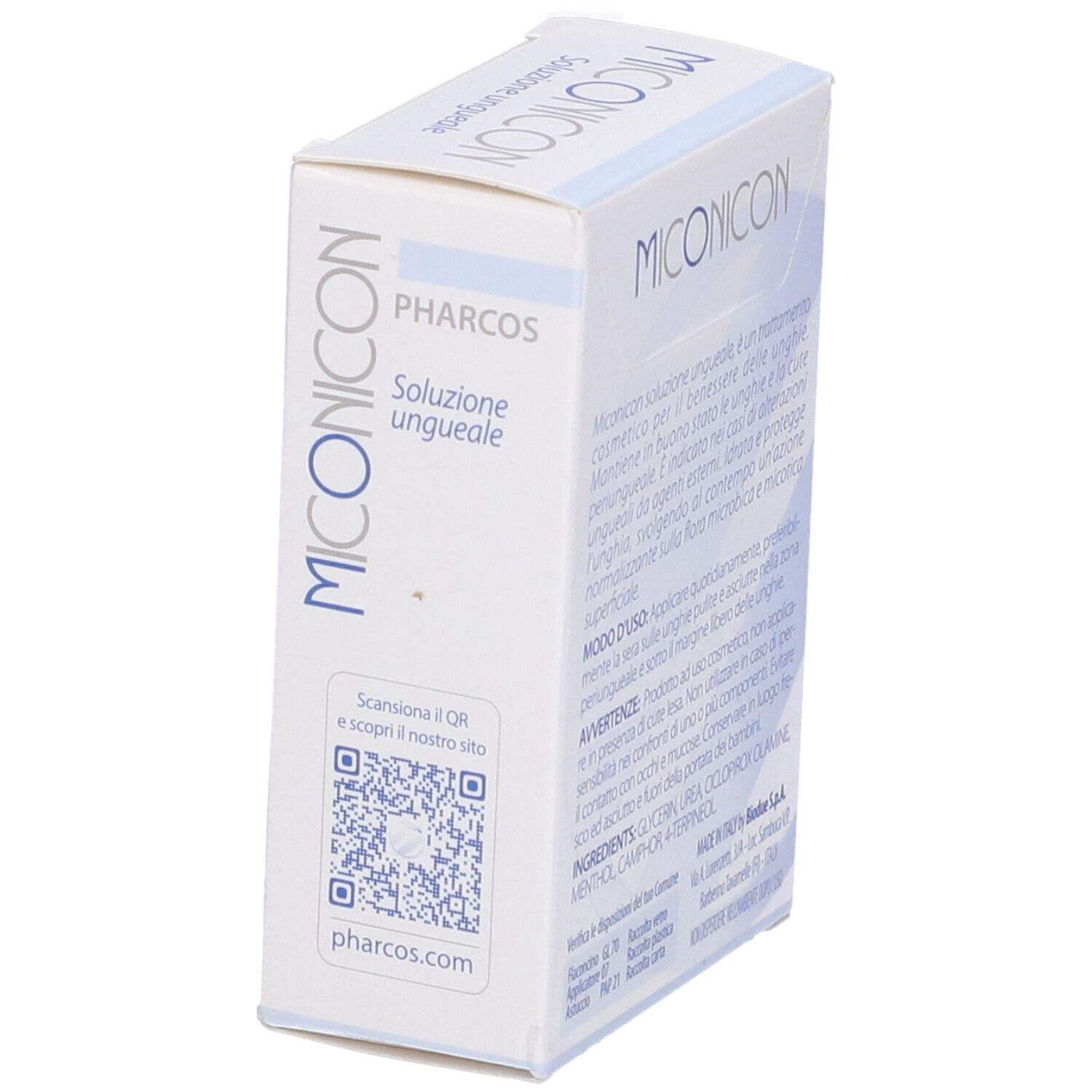 Weiße Schachtel mit Text und QR-Code. Aufschrift: Miconicon, Pharcos. Enthält Informationen.