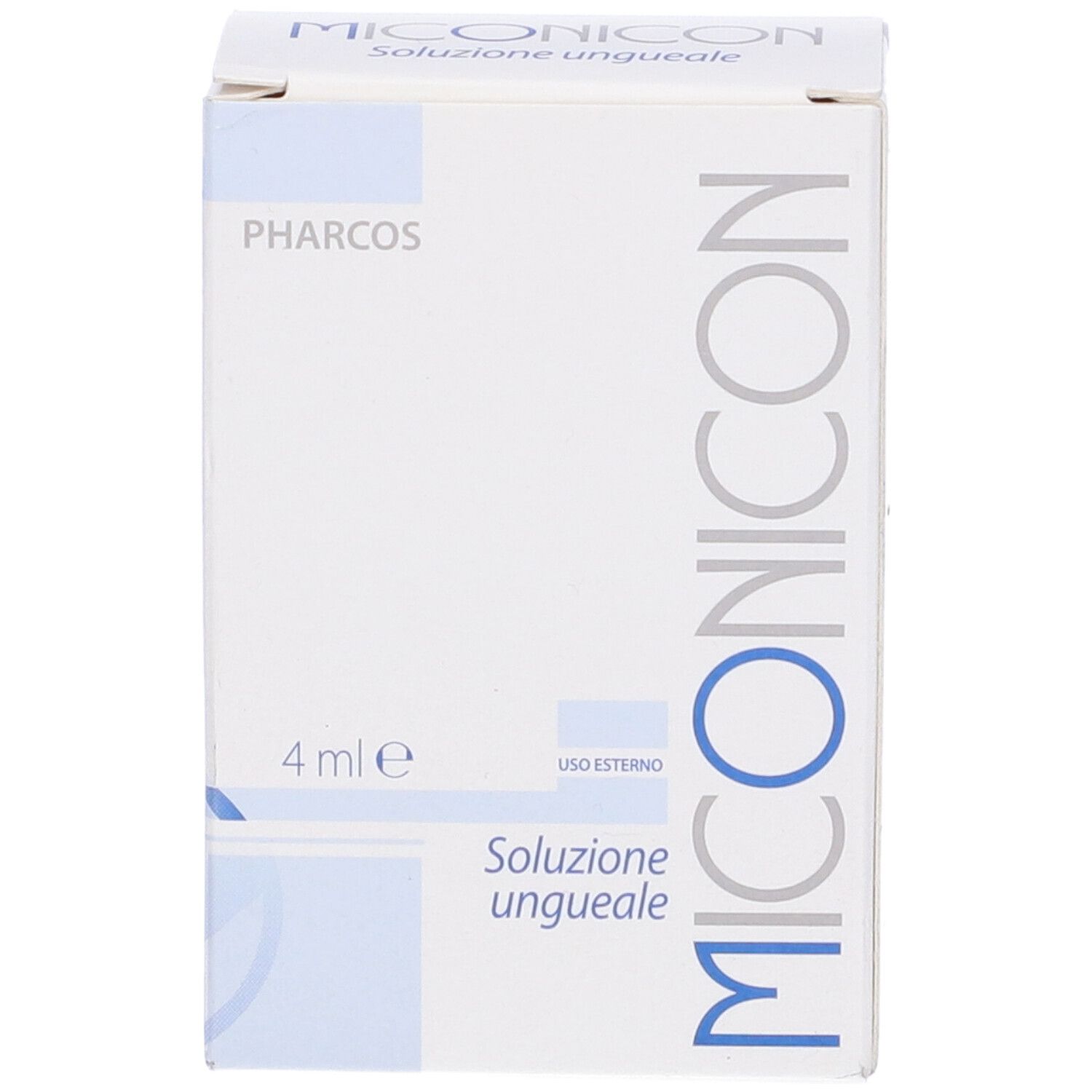 Schachtel mit blauer Schrift. Aufschrift: Miconicon, Pharcos, 4 ml. Lösung für Nägel.