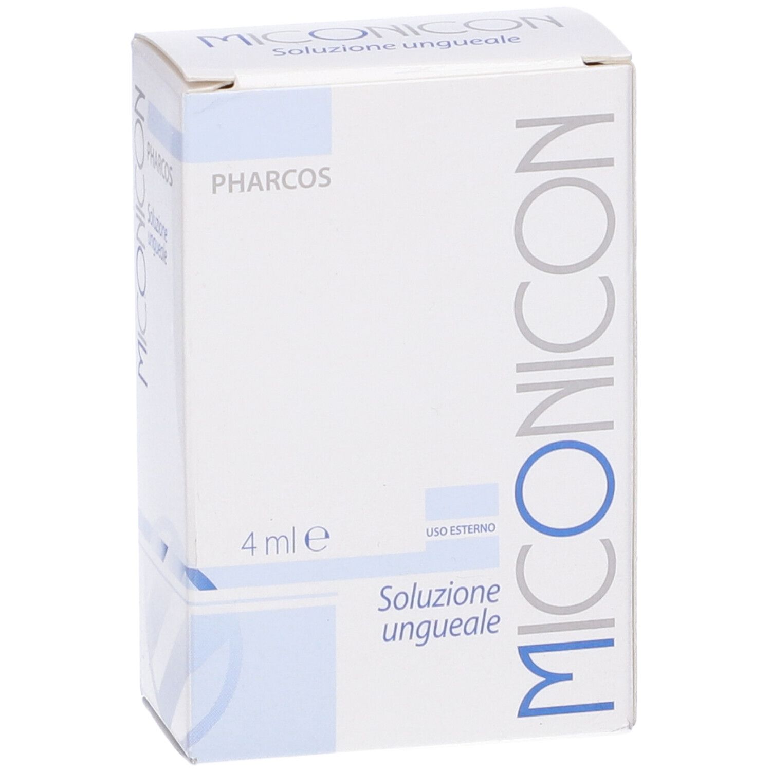Schachtel mit blauer Schrift. Aufschrift: Miconicon, Pharcos, 4 ml. Lösung für Nägel.