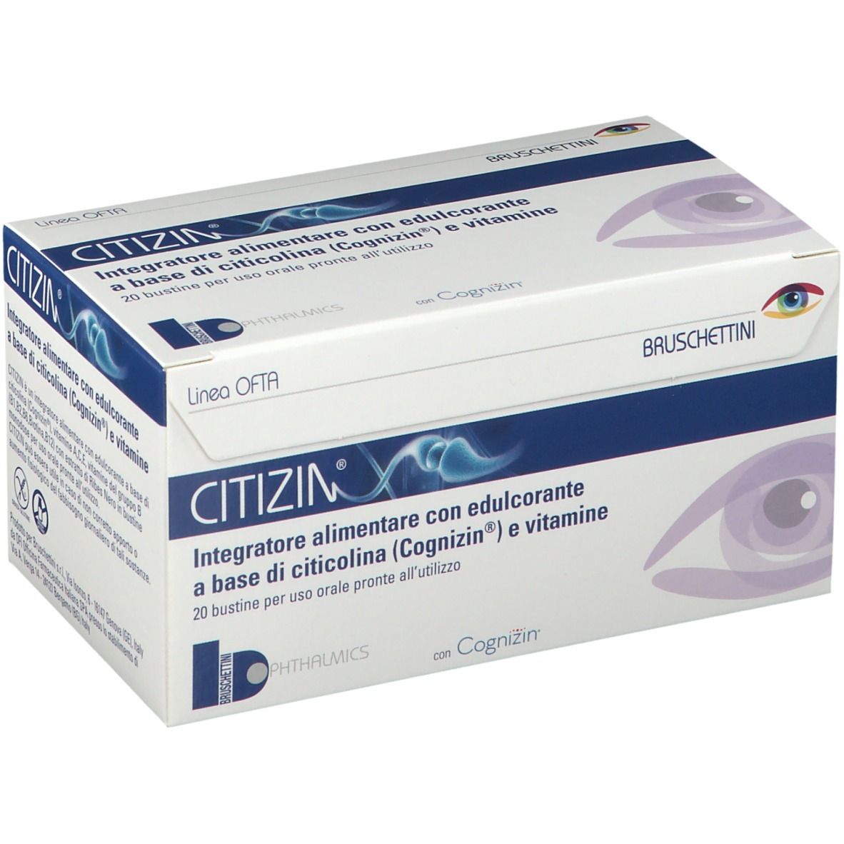 Confezione di Citizin, integratore con citicolina, vitamine e dolcificante. Marchio Bruschettini. Vista prospettica.