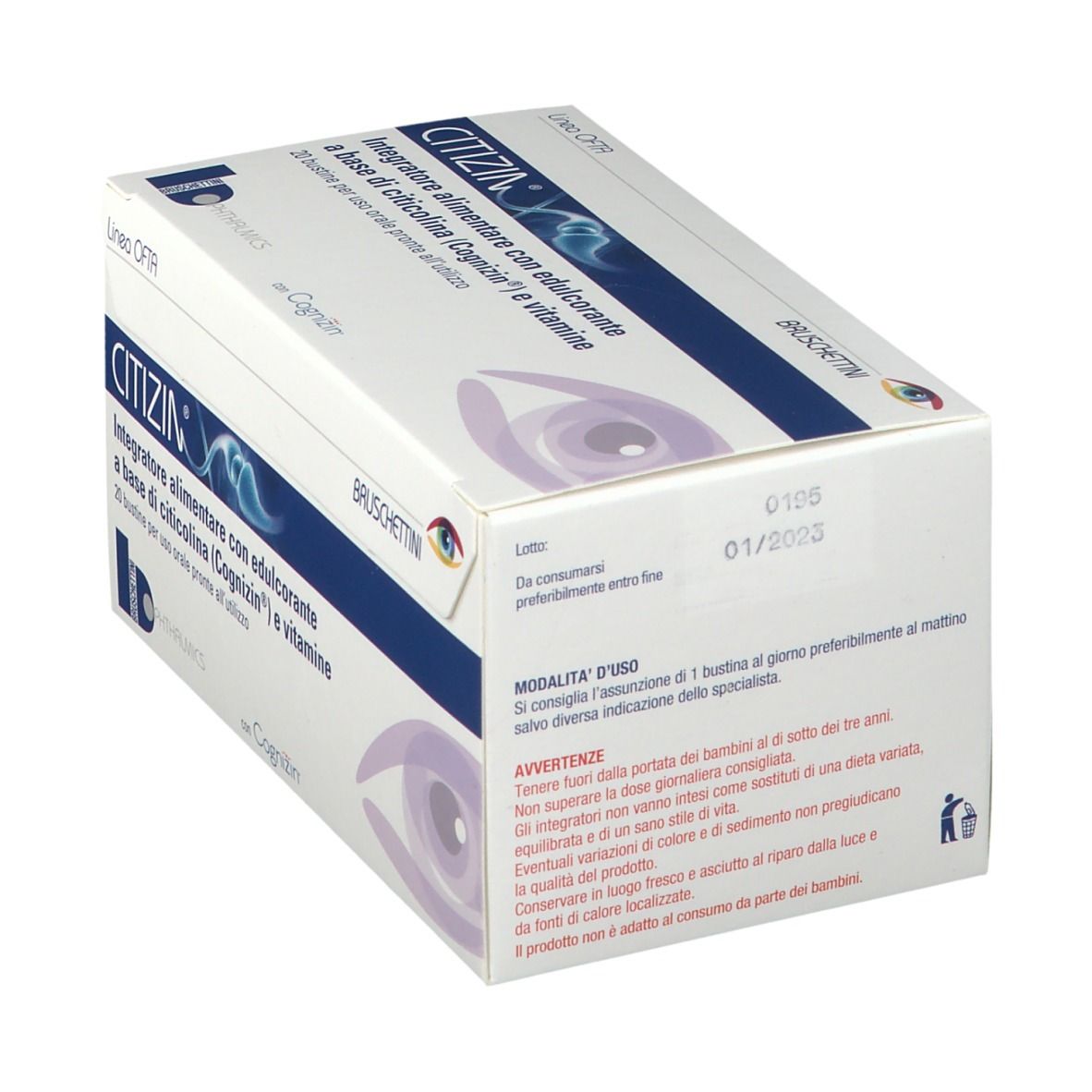 Confezione di Citizin, integratore con citicolina, vitamine e dolcificante. Marchio Bruschettini. Vista posteriore.