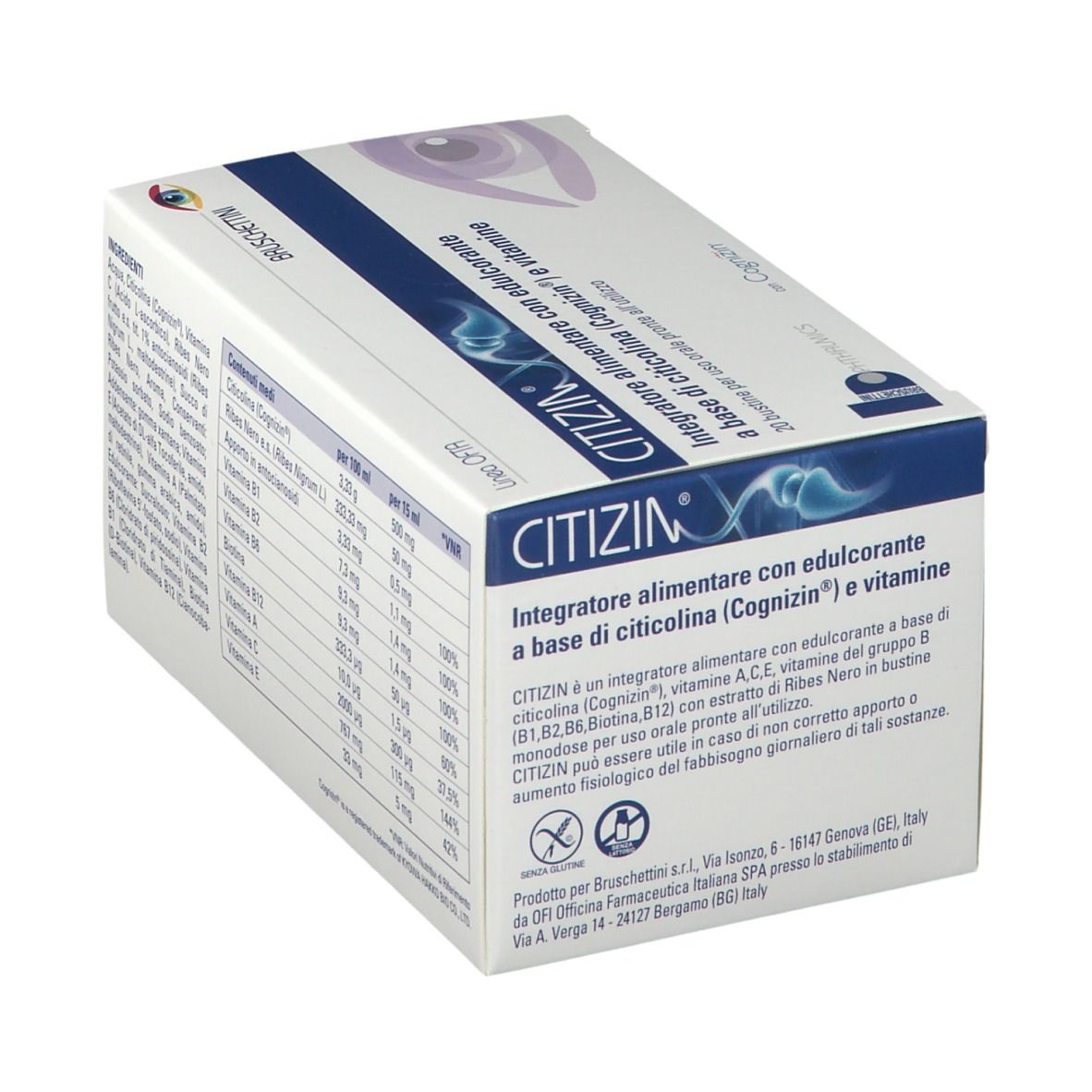 Confezione di Citizin, integratore con citicolina, vitamine e dolcificante. Marchio Bruschettini. Dettaglio ingredienti.