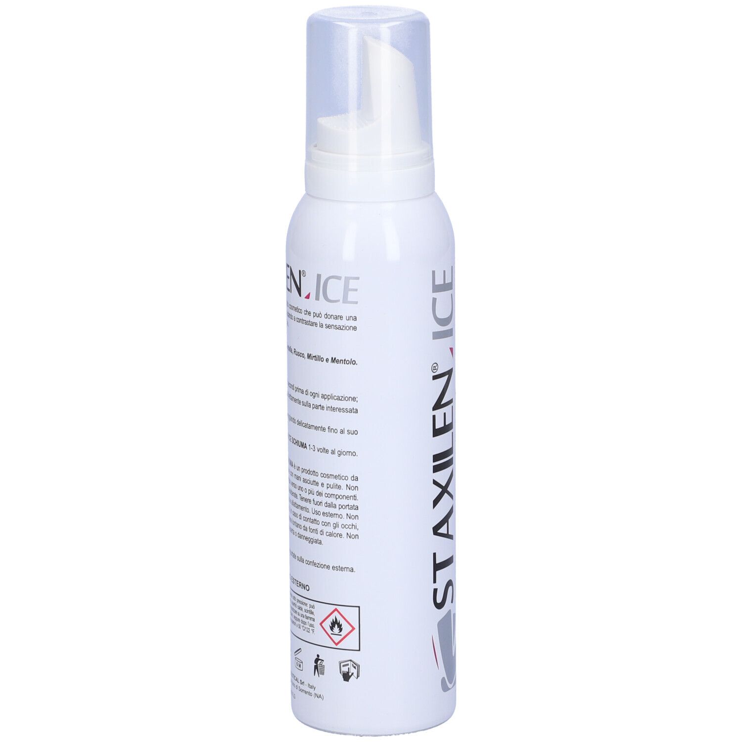 Flacone spray bianco con testo. Scritta: STAXILEN ICE. Avvertenze e pittogrammi.