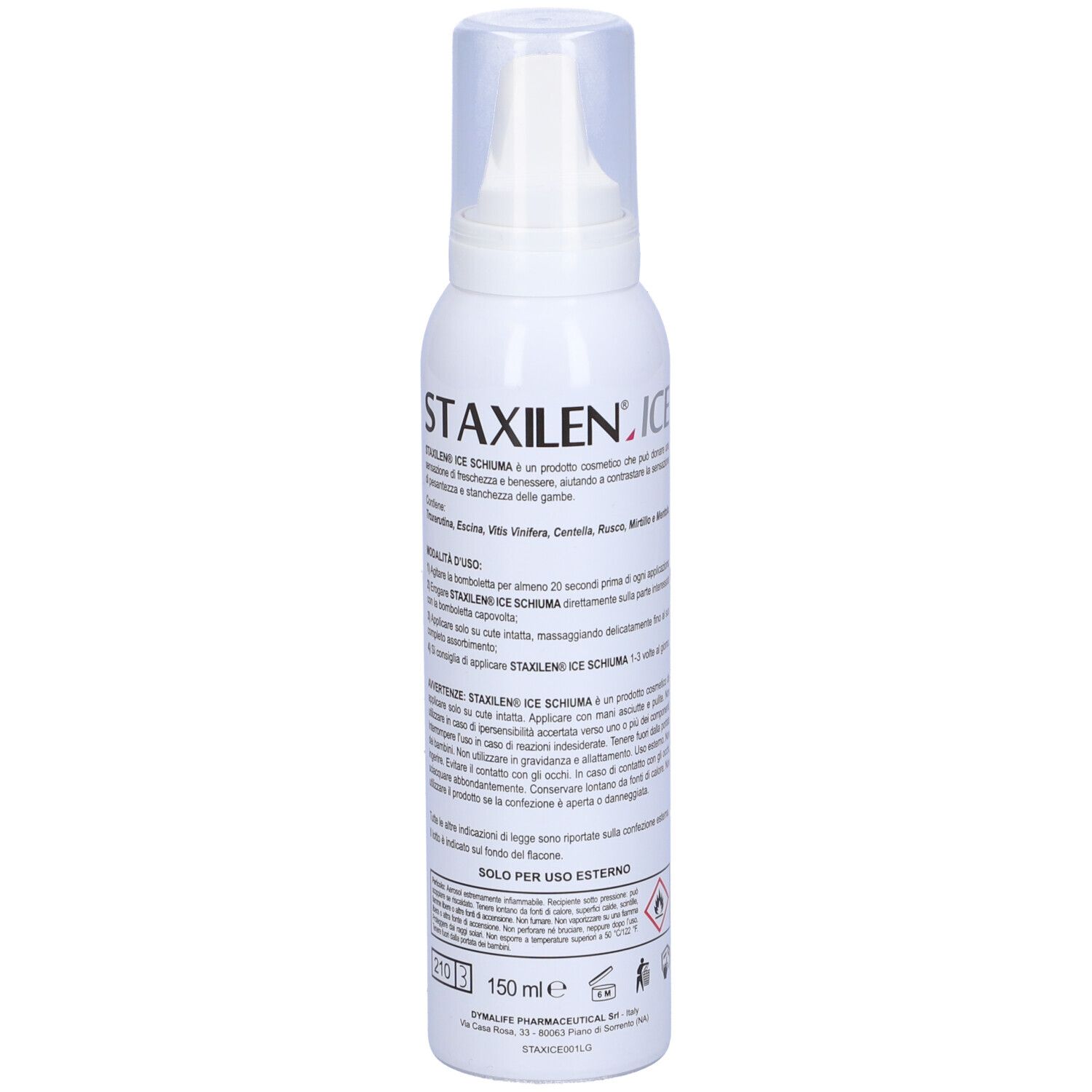 Flacone spray bianco con testo. Scritta: STAXILEN ICE. Informazioni prodotto e ingredienti.