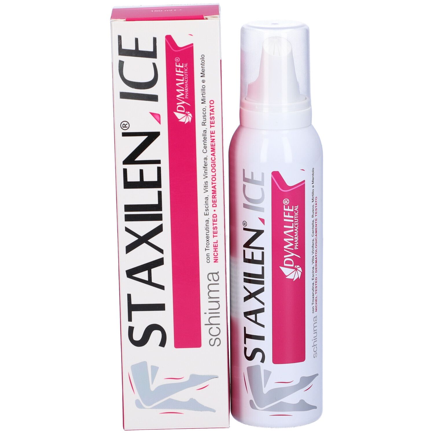 Prodotto e confezione. Flacone spray bianco e scatola. Scritte: STAXILEN ICE, DYMALIFE.