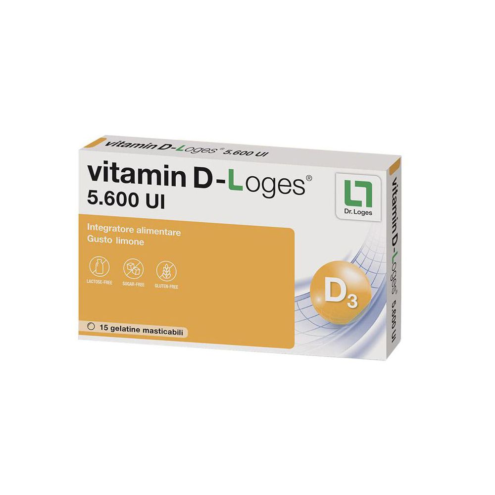 Confezione di Vitamin D-Loges 5.600 UI. Contiene 15 compresse masticabili. Scritte: Vitamin D-Loges, 5.600 UI, senza glutine, senza zucchero, senza lattosio.