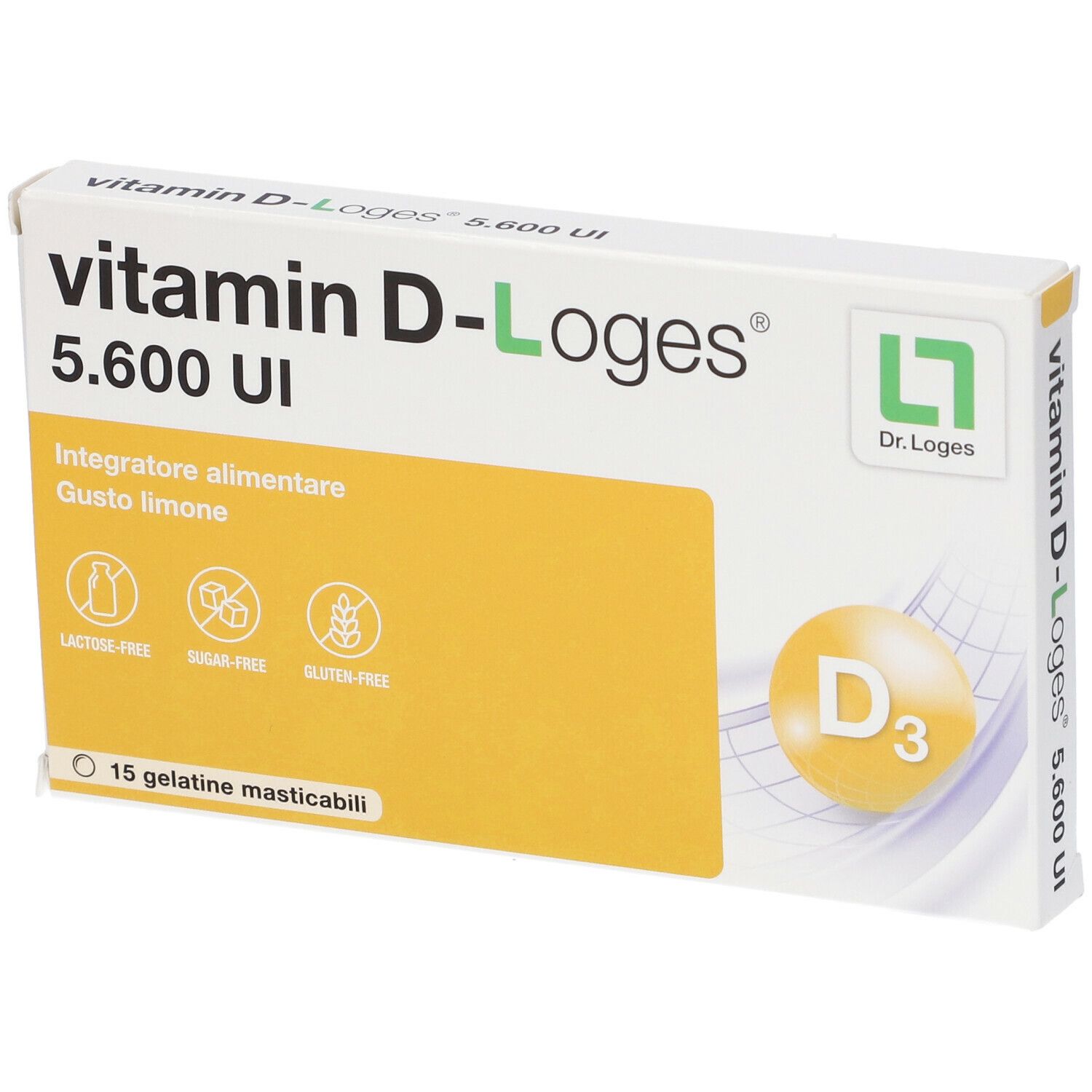Confezione di Vitamin D-Loges 5.600 UI. Contiene 15 compresse masticabili. Scritte: Vitamin D-Loges, 5.600 UI, senza glutine, senza zucchero, senza lattosio.