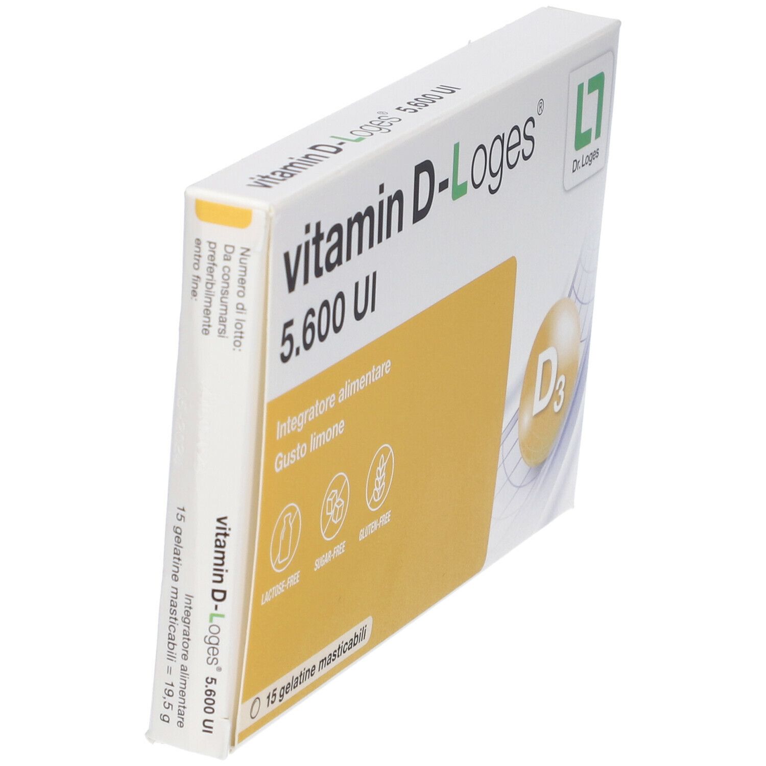 Confezione di Vitamin D-Loges 5.600 UI. Contiene 15 compresse masticabili. Scritte: Vitamin D-Loges, 5.600 UI, senza glutine, senza zucchero, senza lattosio.