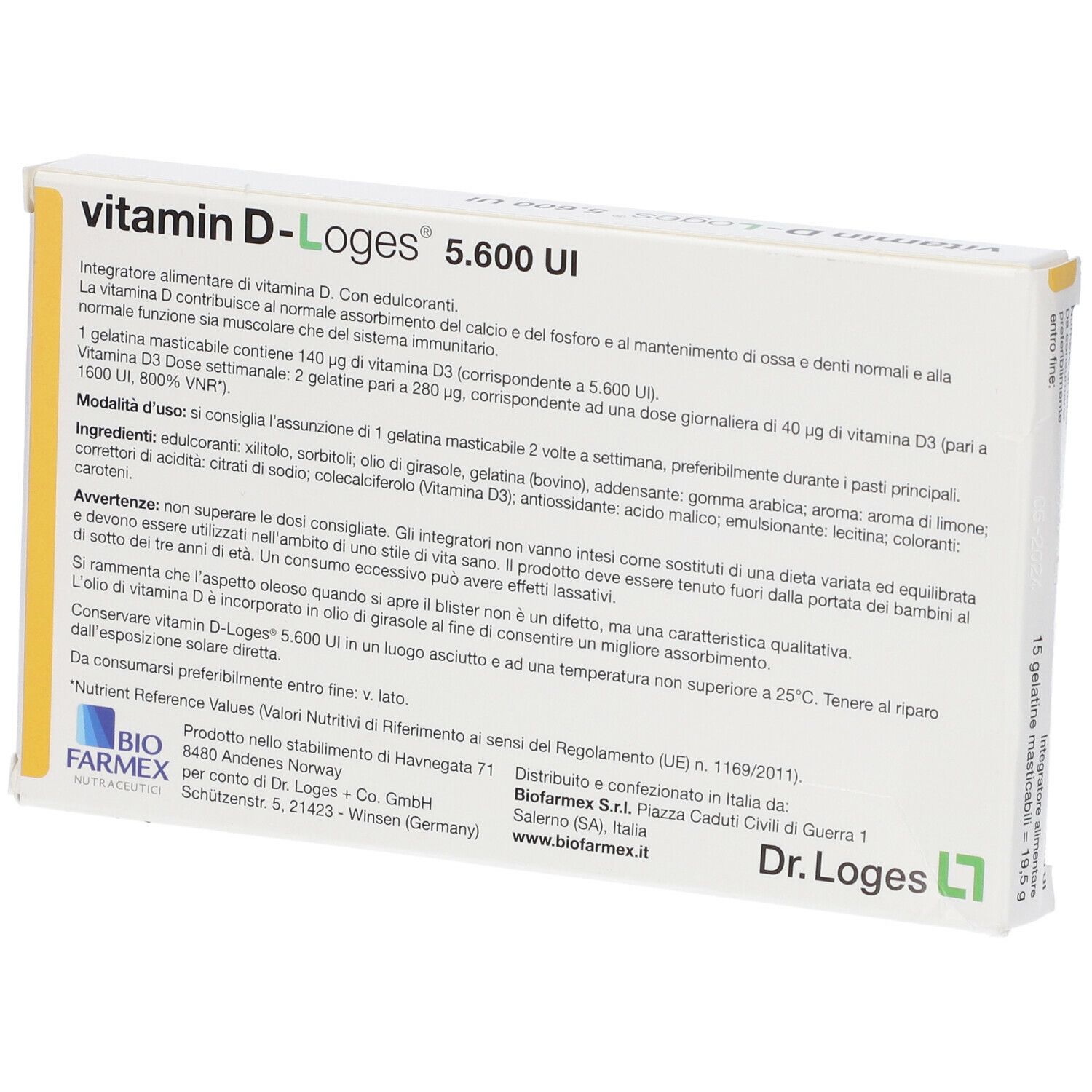 Confezione di Vitamin D-Loges 5.600 UI. Contiene 15 compresse masticabili. Scritte: Vitamin D-Loges, 5.600 UI, senza glutine, senza zucchero, senza lattosio.