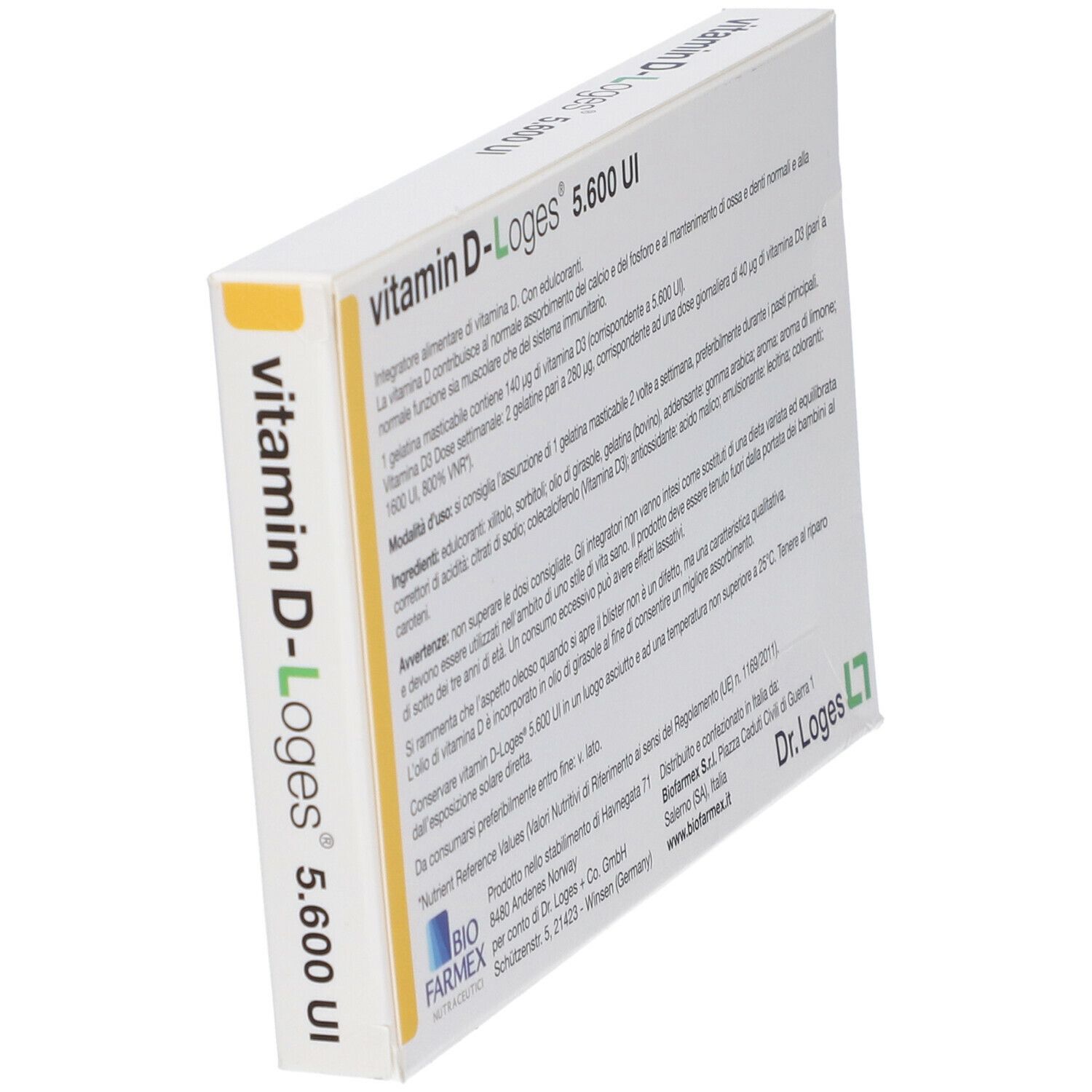 Confezione di Vitamin D-Loges 5.600 UI. Contiene 15 compresse masticabili. Scritte: Vitamin D-Loges, 5.600 UI, senza glutine, senza zucchero, senza lattosio.