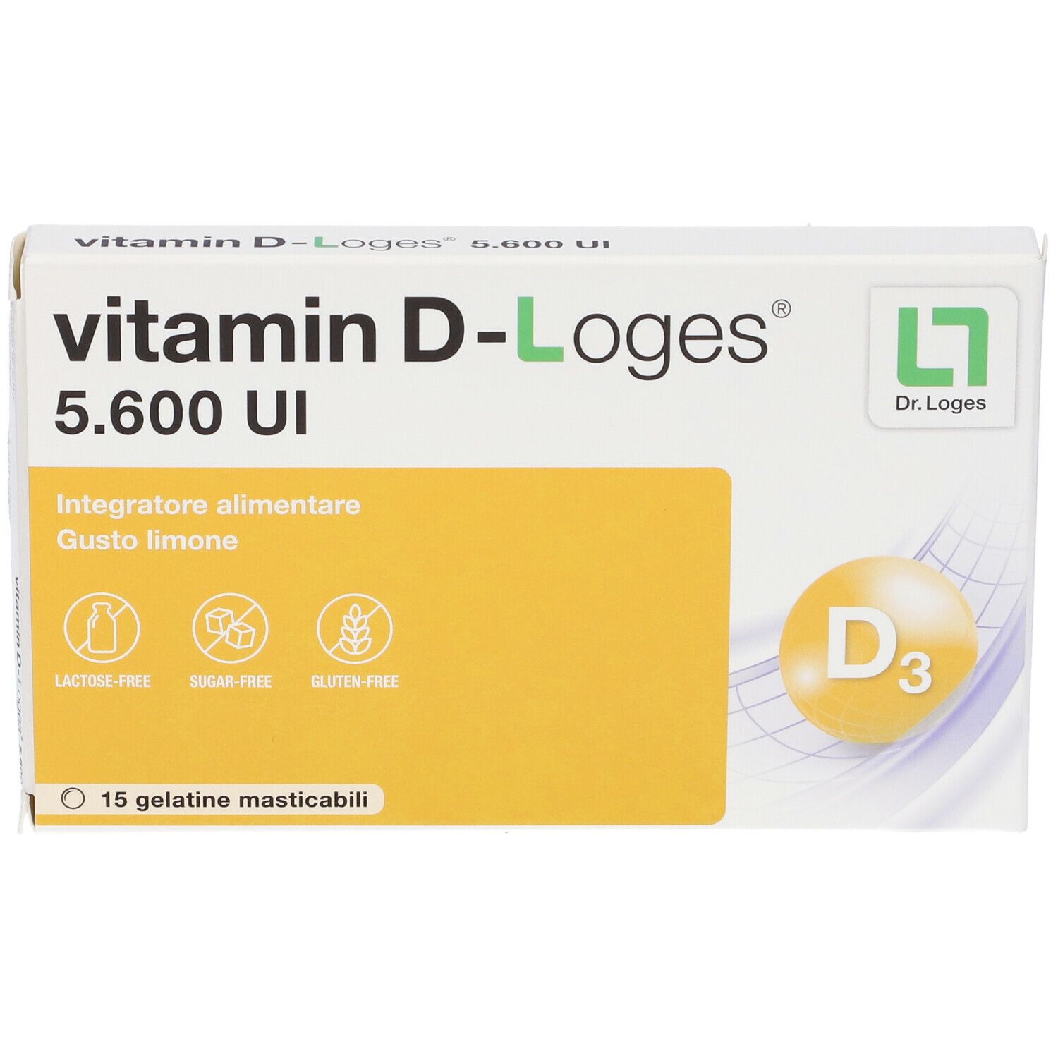 Confezione di Vitamin D-Loges 5.600 UI. Contiene 15 compresse masticabili. Scritte: Vitamin D-Loges, 5.600 UI, senza glutine, senza zucchero, senza lattosio.