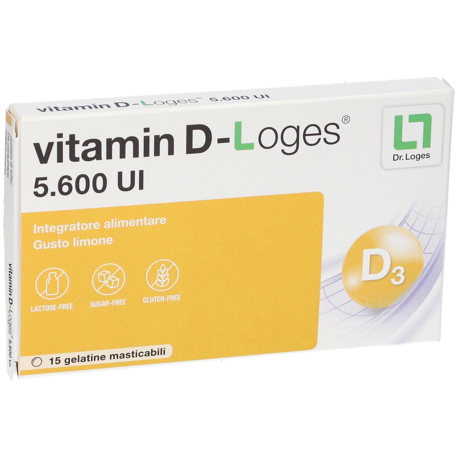 Confezione di Vitamin D-Loges 5.600 UI. Contiene 15 compresse masticabili. Scritte: Vitamin D-Loges, 5.600 UI, senza glutine, senza zucchero, senza lattosio.