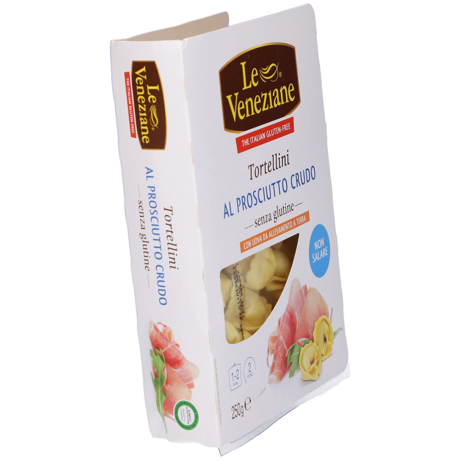 Confezione tortellini Le Veneziane senza glutine. Tortellini e prosciutto crudo. Con uova allevate a terra.