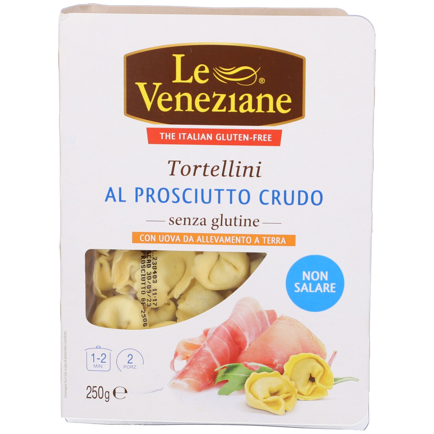 Confezione tortellini Le Veneziane senza glutine. Tortellini e prosciutto crudo. Con uova allevate a terra.