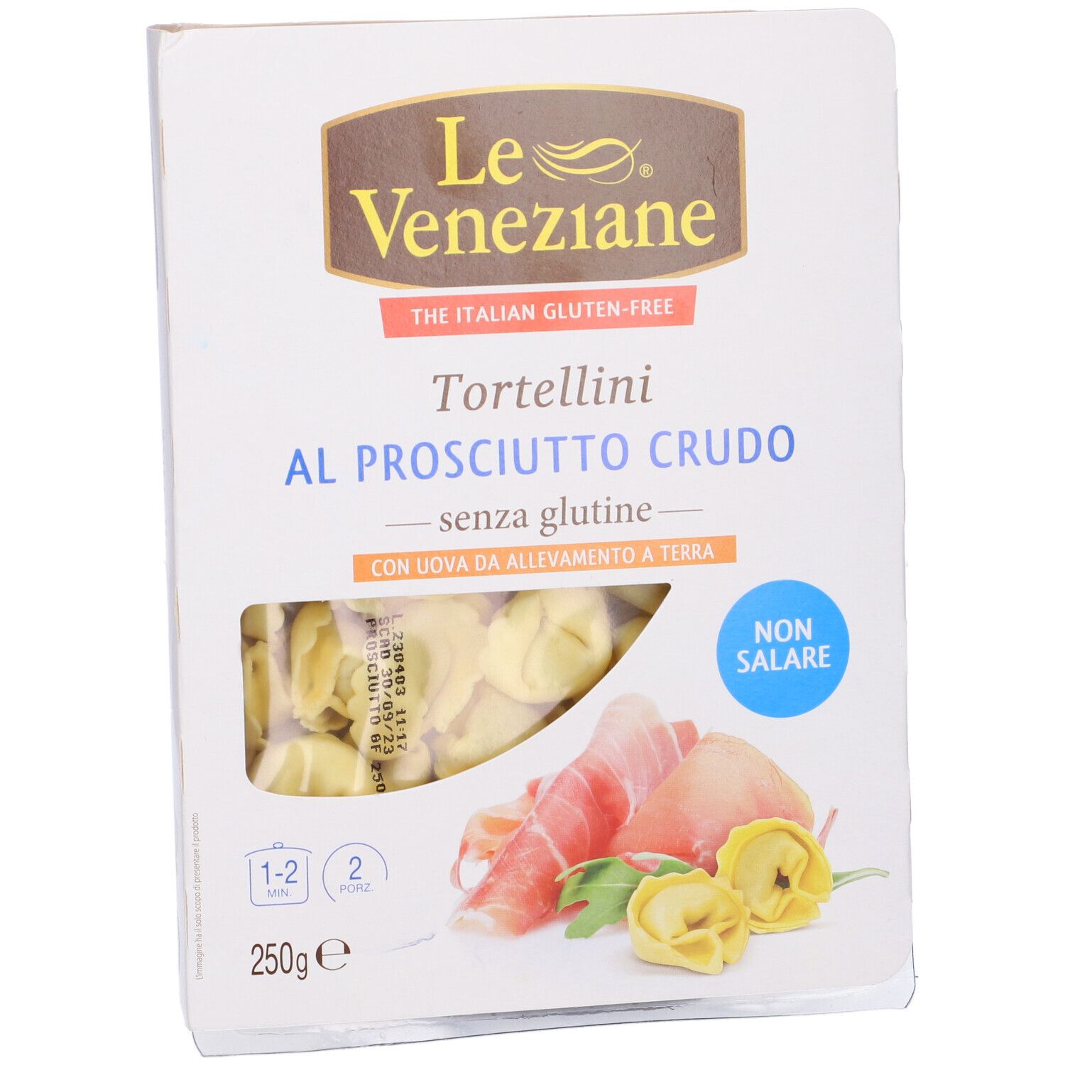 Confezione tortellini Le Veneziane senza glutine. Tortellini e prosciutto crudo. Con uova allevate a terra.