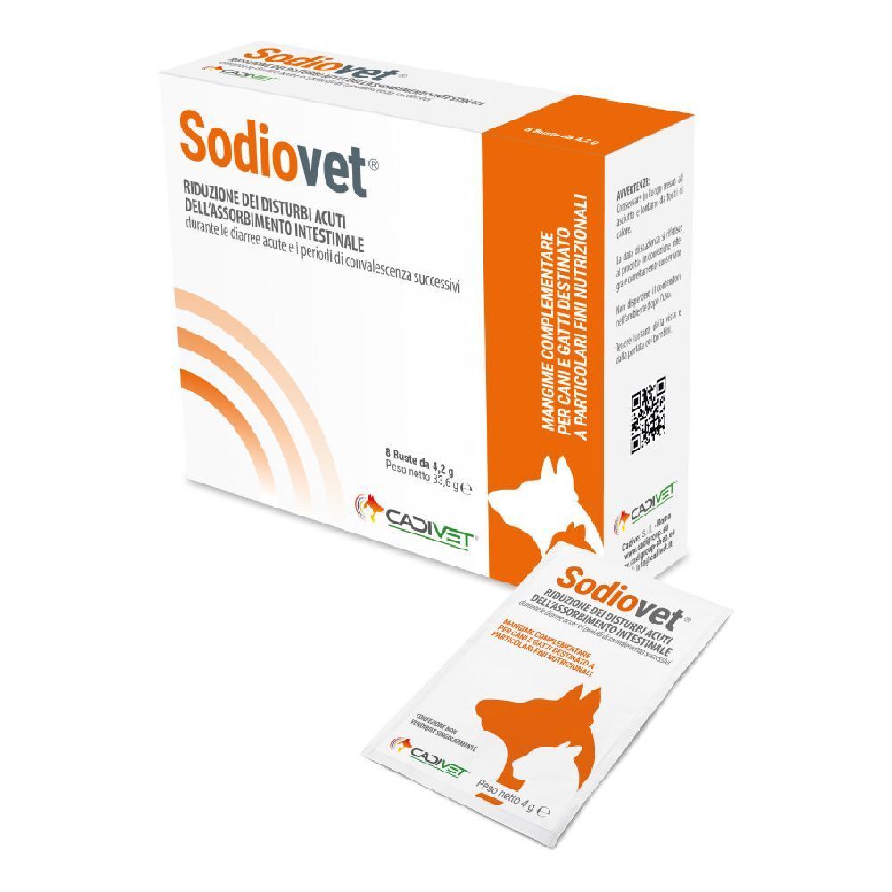 Scatola bianca Sodiovet, testo e logo. Bustina singola accanto. Accenti arancioni.