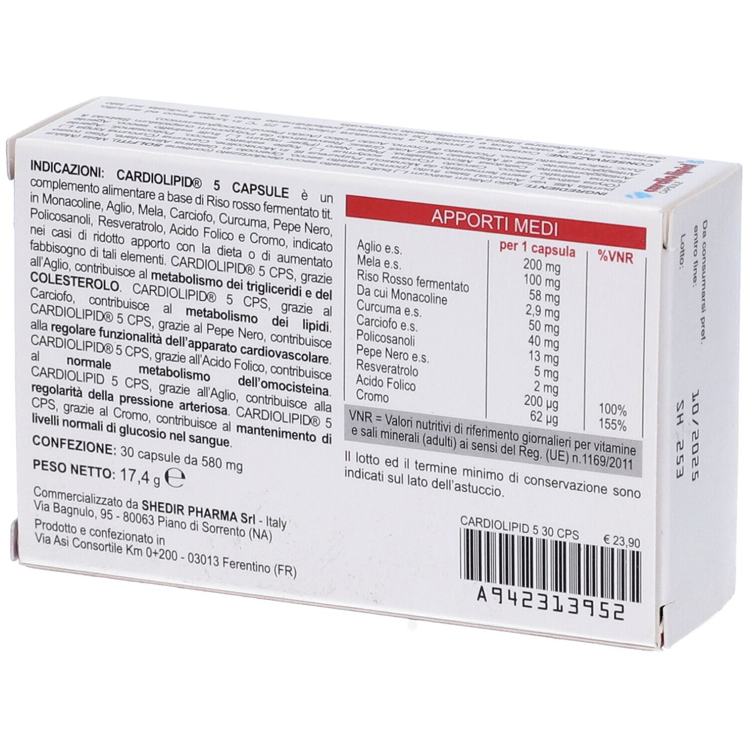 Retro della scatola "cardiolipid 5". Informazioni nutrizionali e ingredienti. Marchio Shedirpharma.