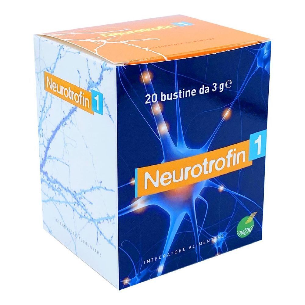 Scatola "Neurotrophin 1" con 20 bustine. Grafica neuroni blu. "Integratore Alimentare".