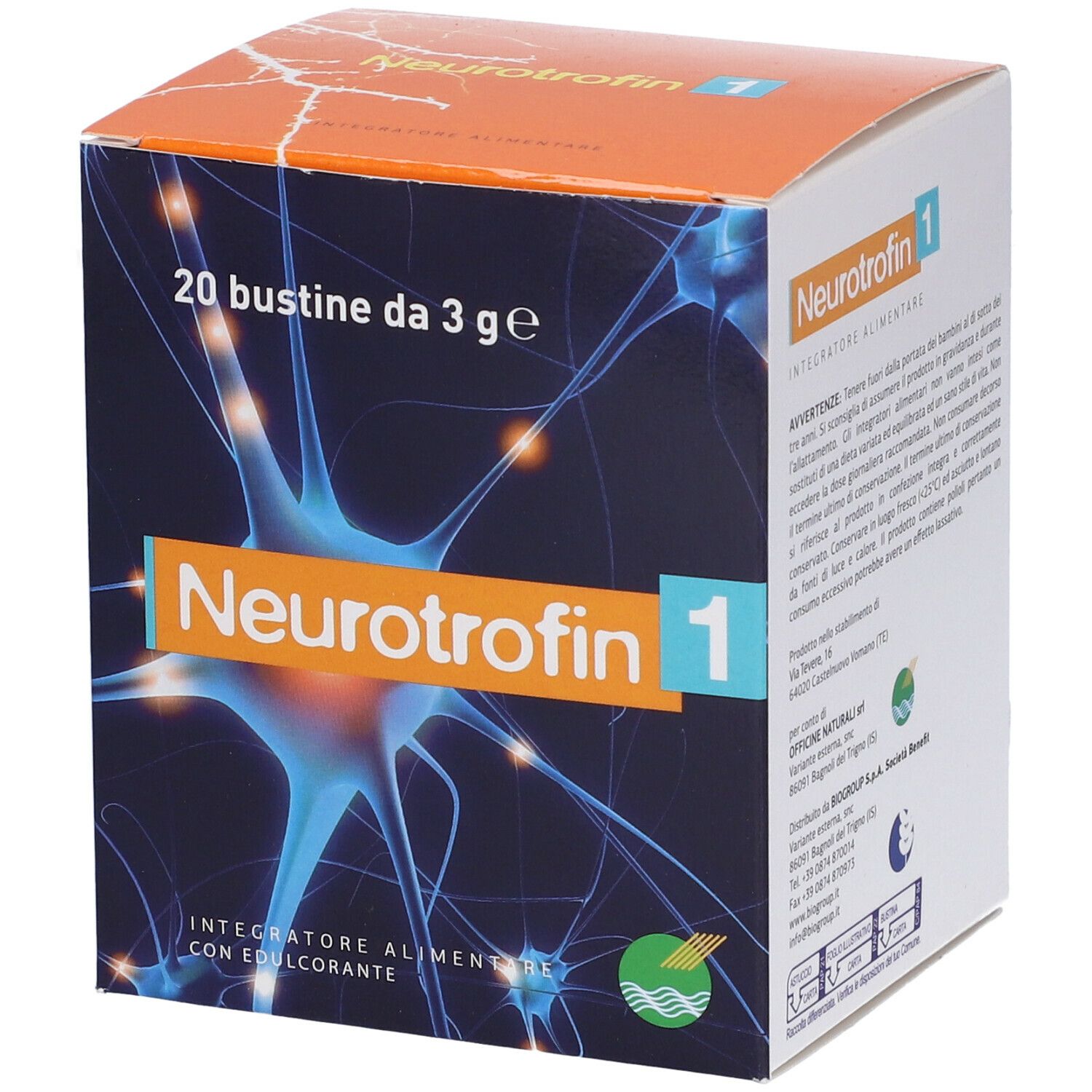 Scatola "Neurotrophin 1" con 20 bustine. Grafica neuroni blu. "Integratore Alimentare".