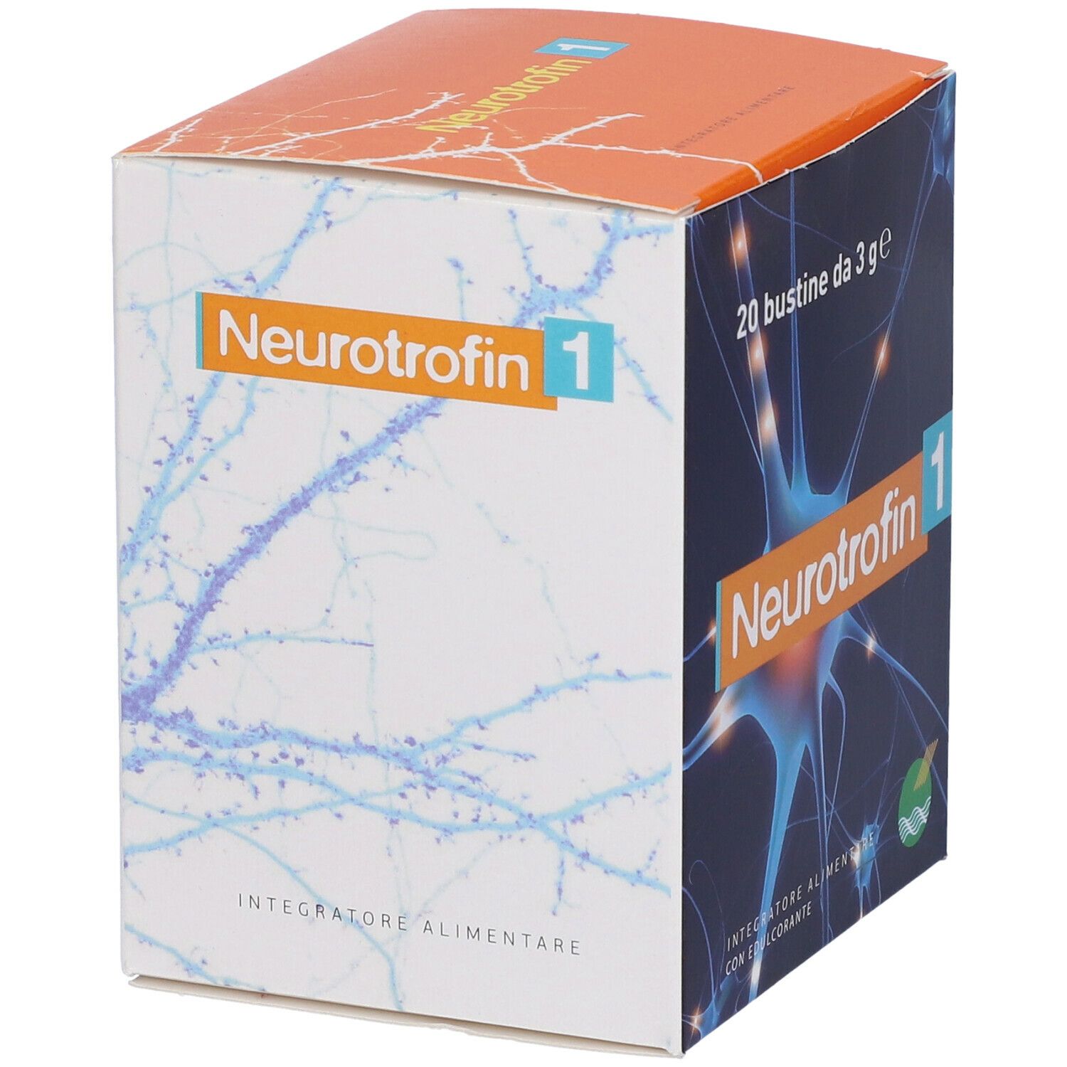 Scatola "Neurotrophin 1" con 20 bustine. Grafica neuroni blu. "Integratore Alimentare".