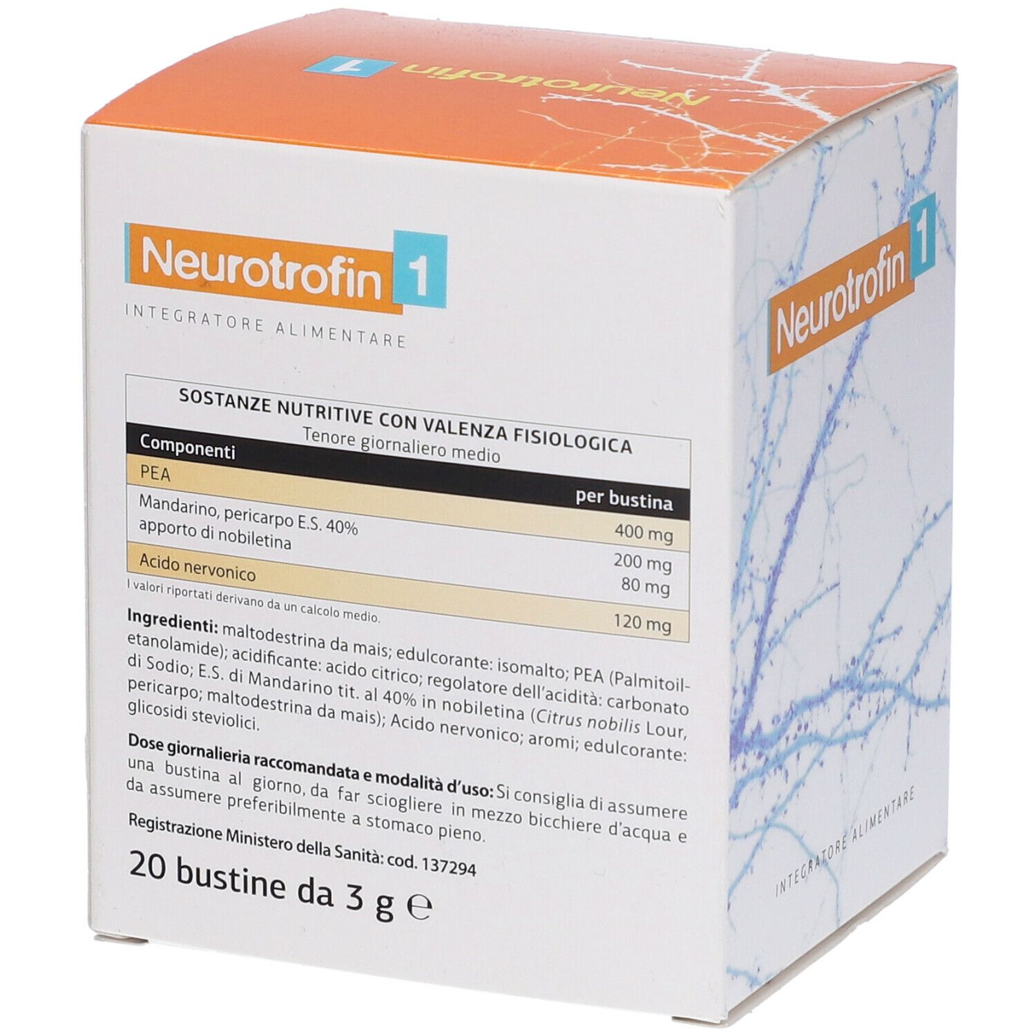 Scatola "Neurotrophin 1" con dettagli nutrizionali. 20 bustine. "Integratore Alimentare".