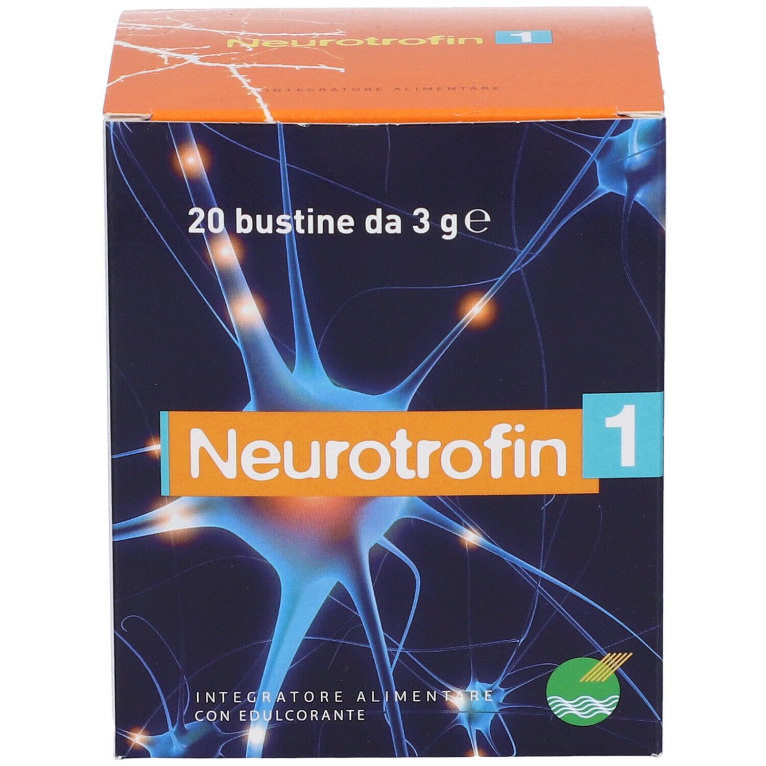 Scatola "Neurotrophin 1" con 20 bustine. Grafica neuroni blu. "Integratore Alimentare".