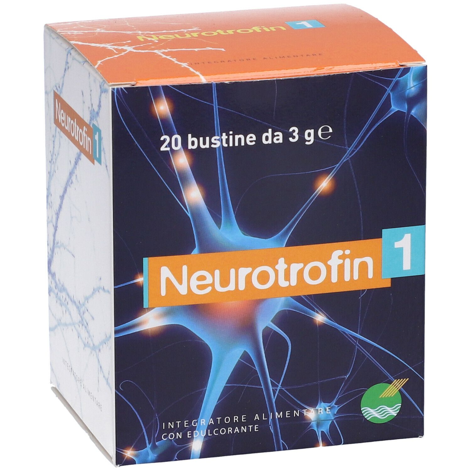 Scatola "Neurotrophin 1" con 20 bustine. Grafica neuroni blu. "Integratore Alimentare".