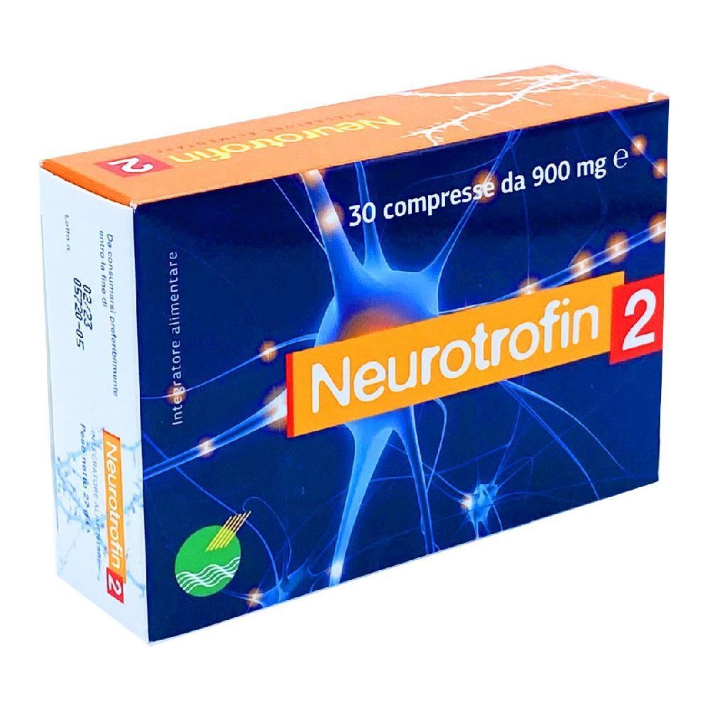 Schachtel mit "Neurotrofin 2" Tabletten. Orange-blauer Hintergrund mit Nervenzell-Grafik. 30 Tabletten, 900 mg.