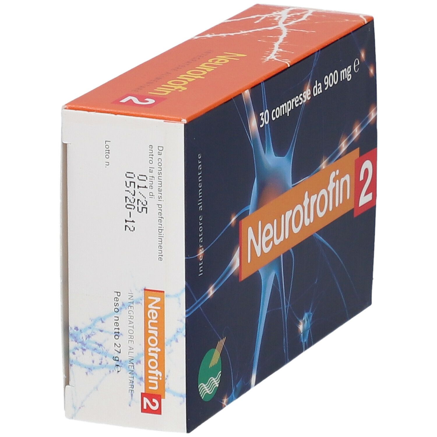 Schachtel "Neurotrofin 2" Tabletten. Orange-blauer Hintergrund mit Nervenzell-Grafik. 30 Tabletten, 900 mg.
