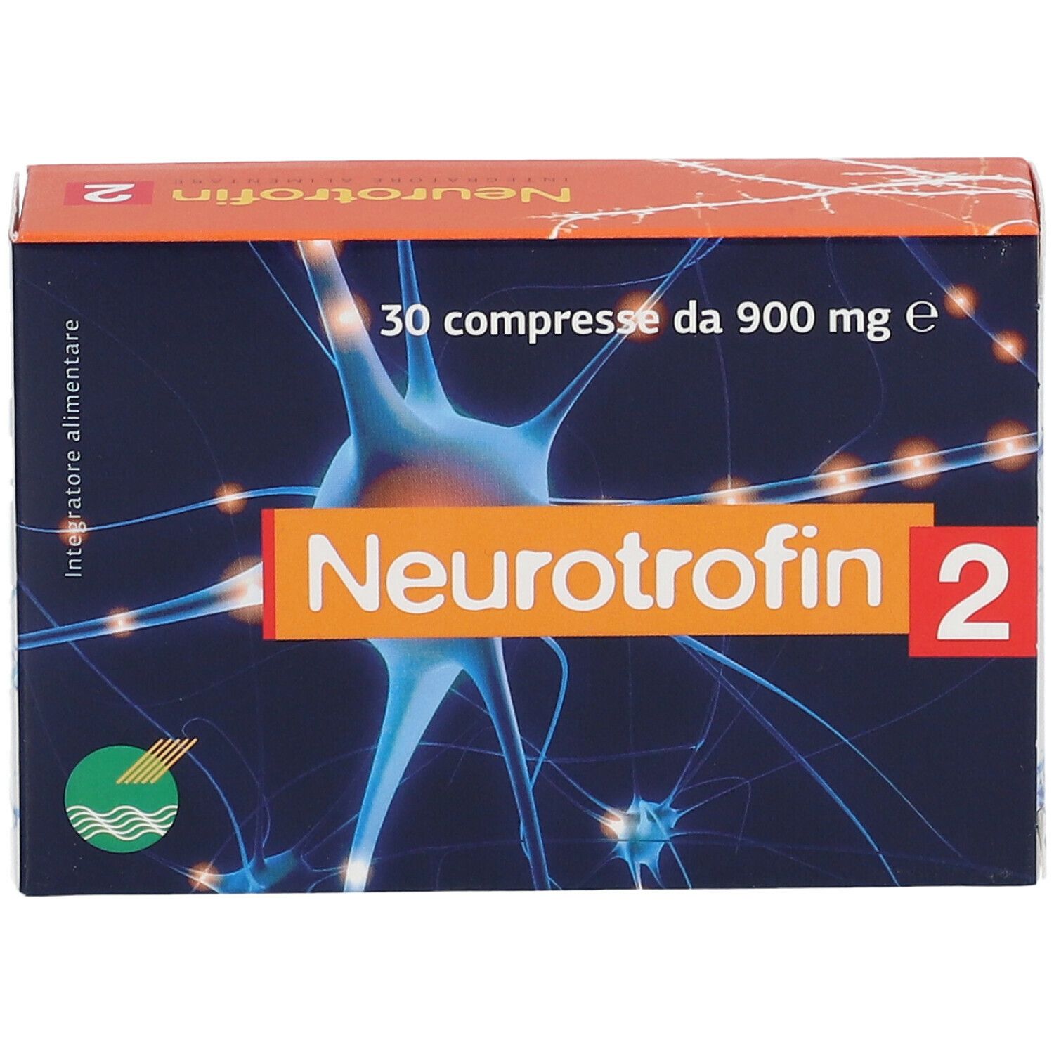 Schachtel "Neurotrofin 2" Tabletten. Orange-blauer Hintergrund mit Nervenzell-Grafik. 30 Tabletten, 900 mg.