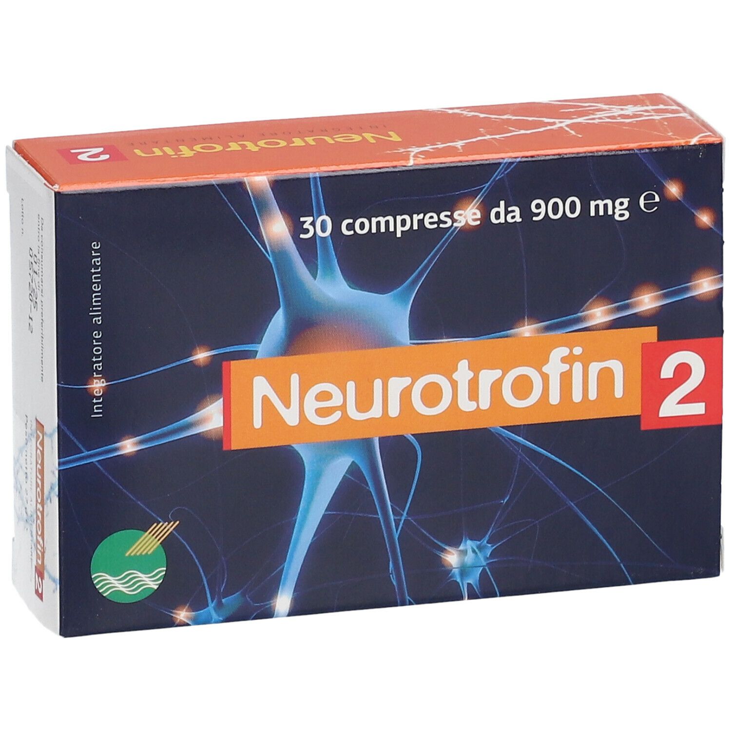 Schachtel "Neurotrofin 2" Tabletten. Orange-blauer Hintergrund mit Nervenzell-Grafik. 30 Tabletten, 900 mg.