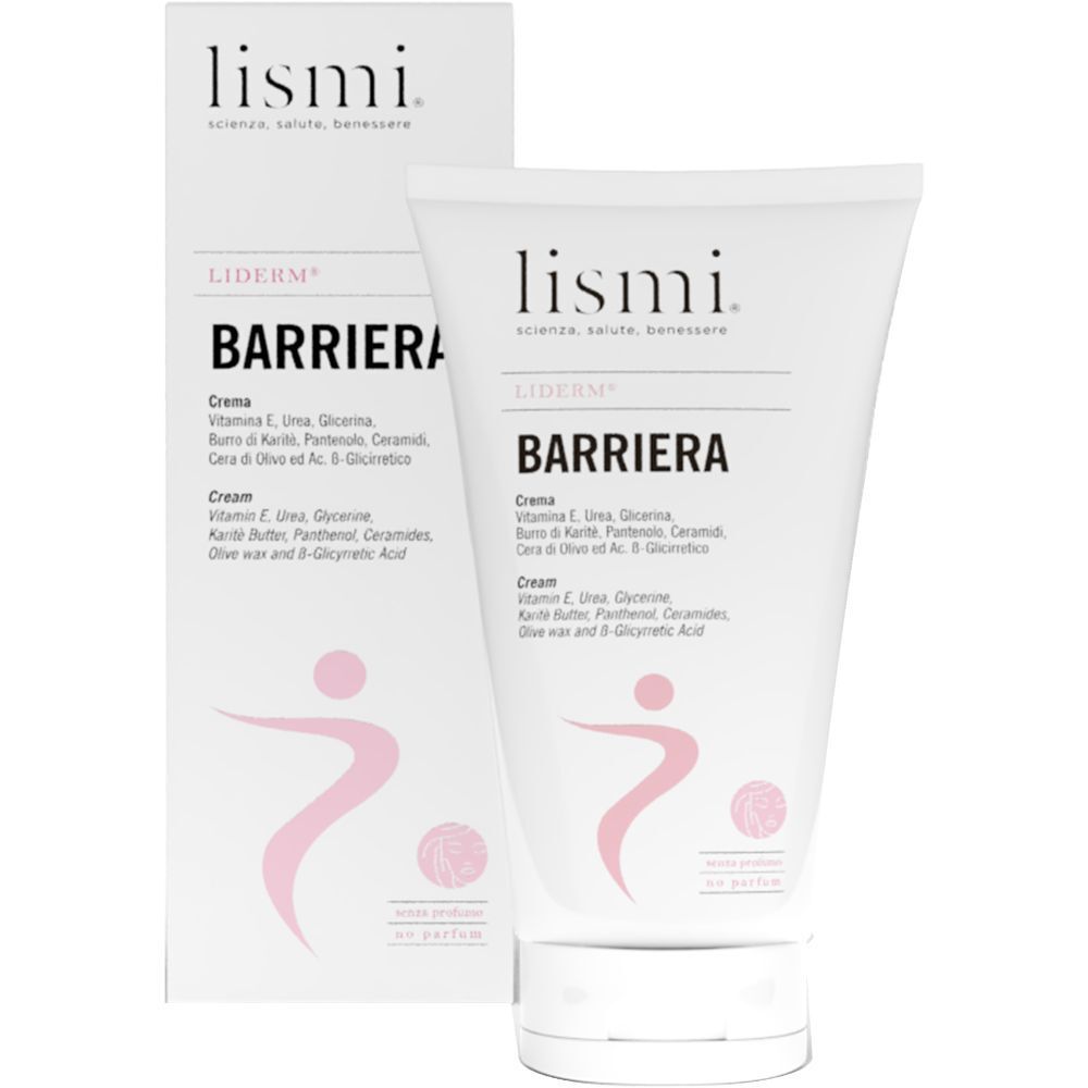 Tubo e scatola di crema. Scritta: LIDERM BARRIERA. Contiene vitamina E, urea, glicerina, burro di karité, pantenolo, ceramidi.