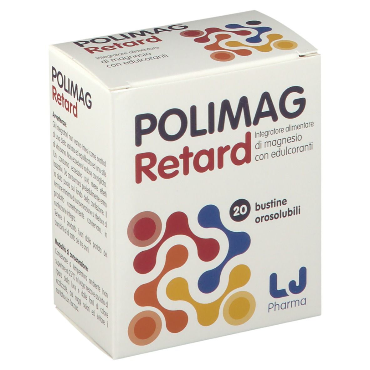 Scatola POLIMAG Retard. 20 bustine orosolubili. Logo LJ Pharma. Grafica astratta colorata.