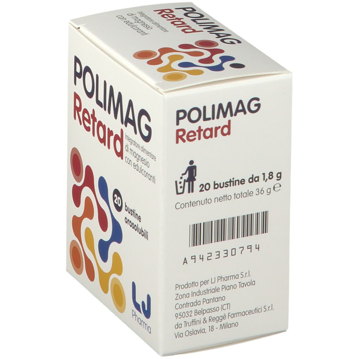 Scatola POLIMAG Retard. 20 bustine. Logo LJ Pharma. Testo: Integratore alimentare di magnesio con edulcoranti.