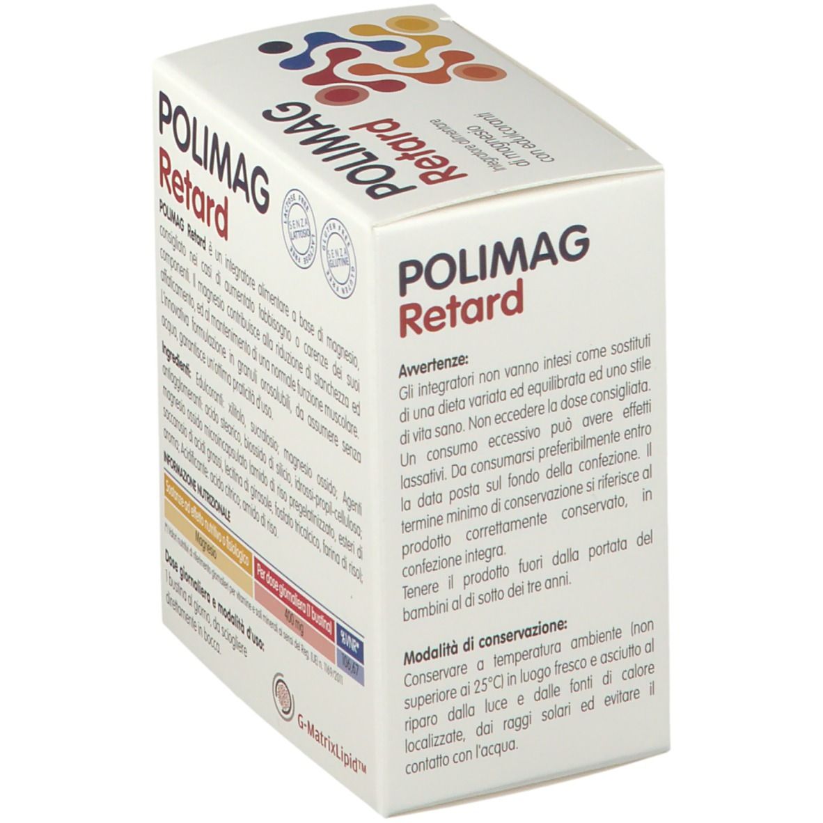 Scatola POLIMAG Retard. Avvertenze e modalità d'uso. Logo G-MatrixLipid. Senza glutine.