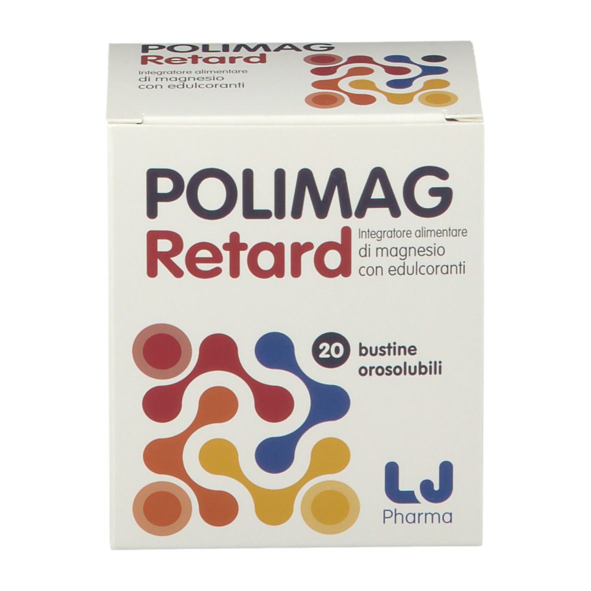 Scatola POLIMAG Retard. 20 bustine orosolubili. Logo LJ Pharma. Grafica astratta colorata.
