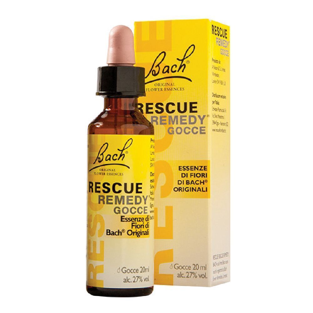 Flacone di vetro marrone con etichetta gialla e contagocce. Scritta: Bach Rescue Remedy.