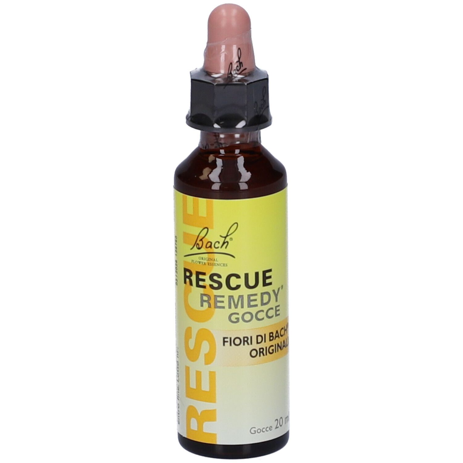 Flacone di vetro marrone con etichetta gialla e contagocce. Scritta: Bach Rescue Remedy.