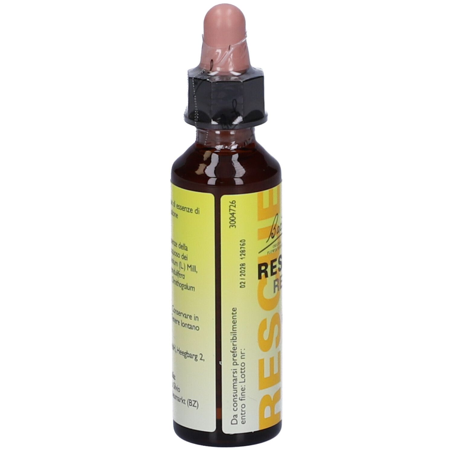 Flacone di vetro marrone con etichetta gialla e contagocce. Scritta: Bach Rescue Remedy.