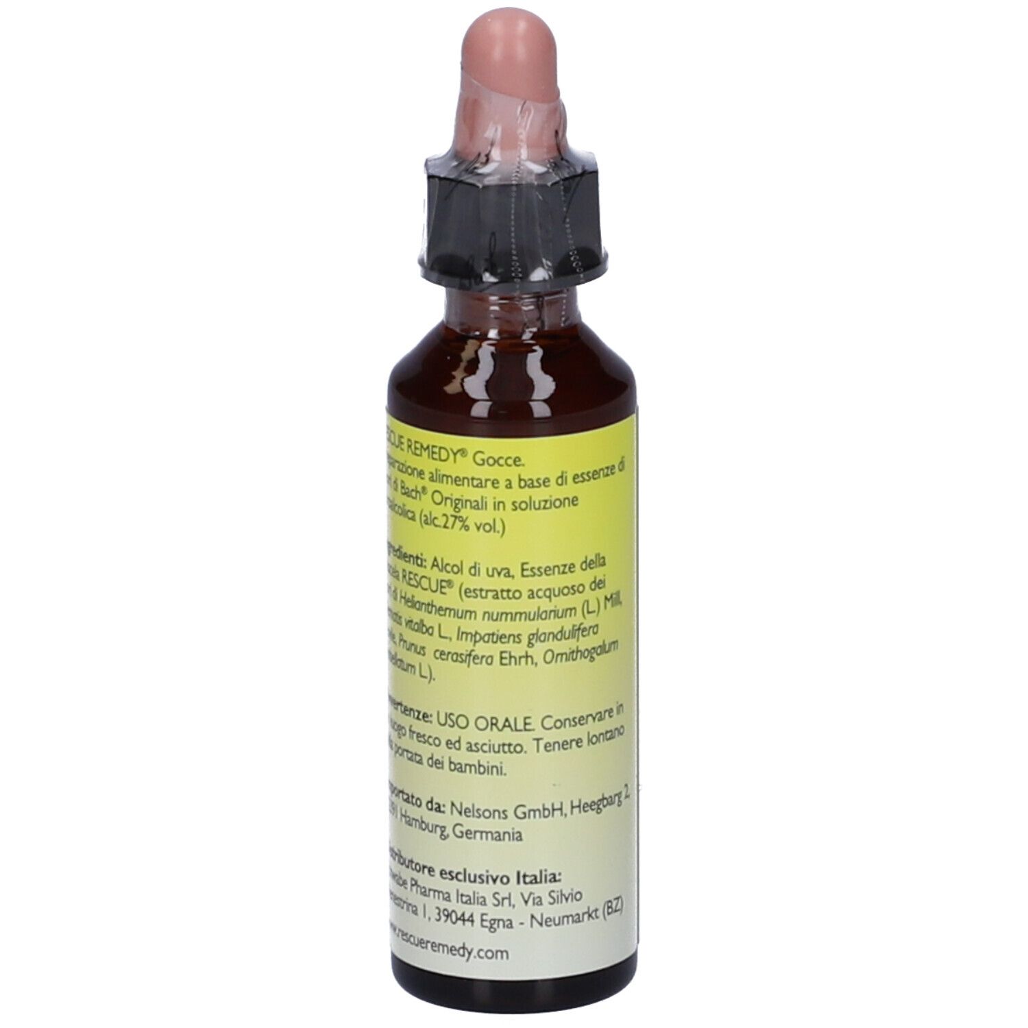 Flacone di vetro marrone con etichetta gialla e contagocce. Scritta: Bach Rescue Remedy.