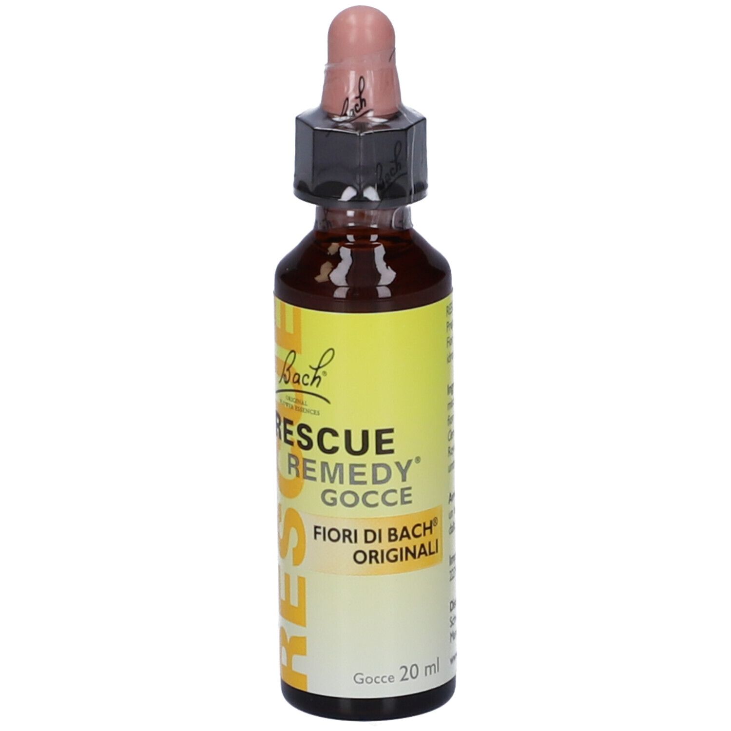 Flacone di vetro marrone con etichetta gialla e contagocce. Scritta: Bach Rescue Remedy.