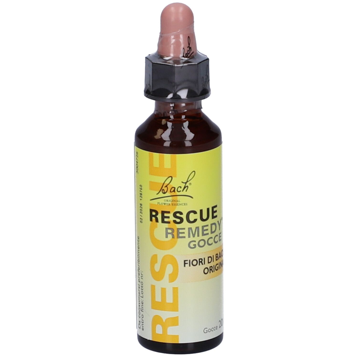 Flacone di vetro marrone con etichetta gialla e contagocce. Scritta: Bach Rescue Remedy.