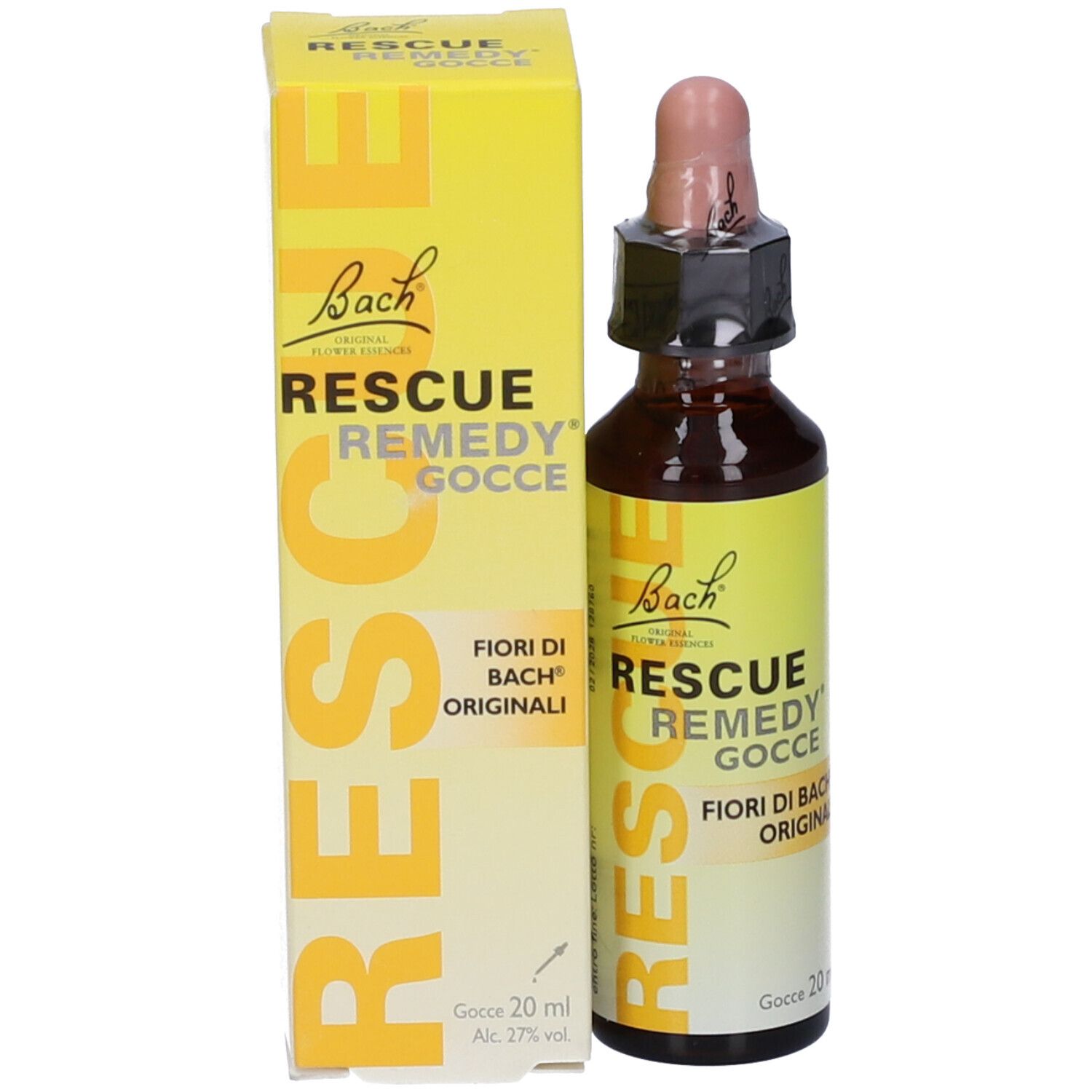 Flacone marrone con etichetta gialla, contagocce e scatola gialla. Scritta: Bach Rescue Remedy.