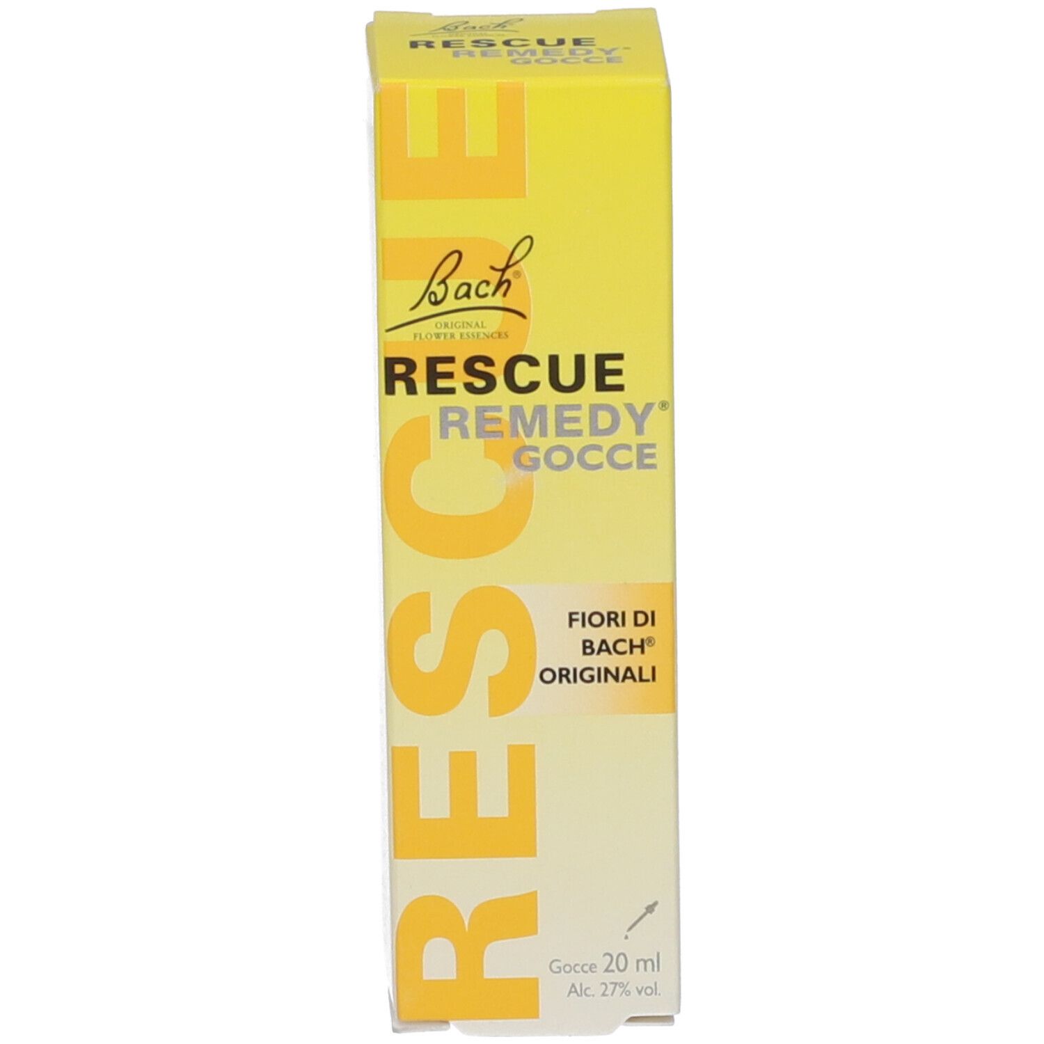Scatola gialla con scritta: Bach Rescue Remedy, gocce 20 ml.