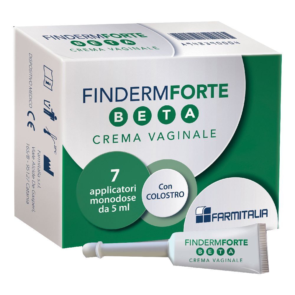 Scatola di Finderm Forte Beta Crema Vaginale. Contiene 7 applicatori monodose con colostro. Un applicatore è accanto.