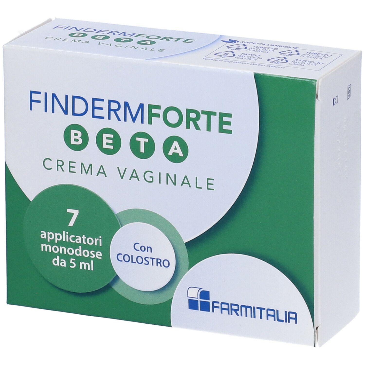 Scatola Finderm Forte Beta Crema Vaginale. Contiene 7 applicatori con colostro. Marchio Farmitalia.