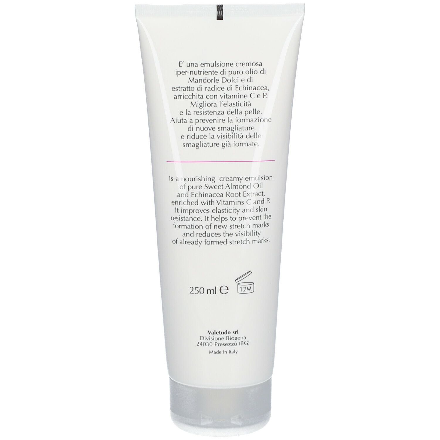 Rückseite der Creme-Tube. Text in italienischer und englischer Sprache. 250 ml.