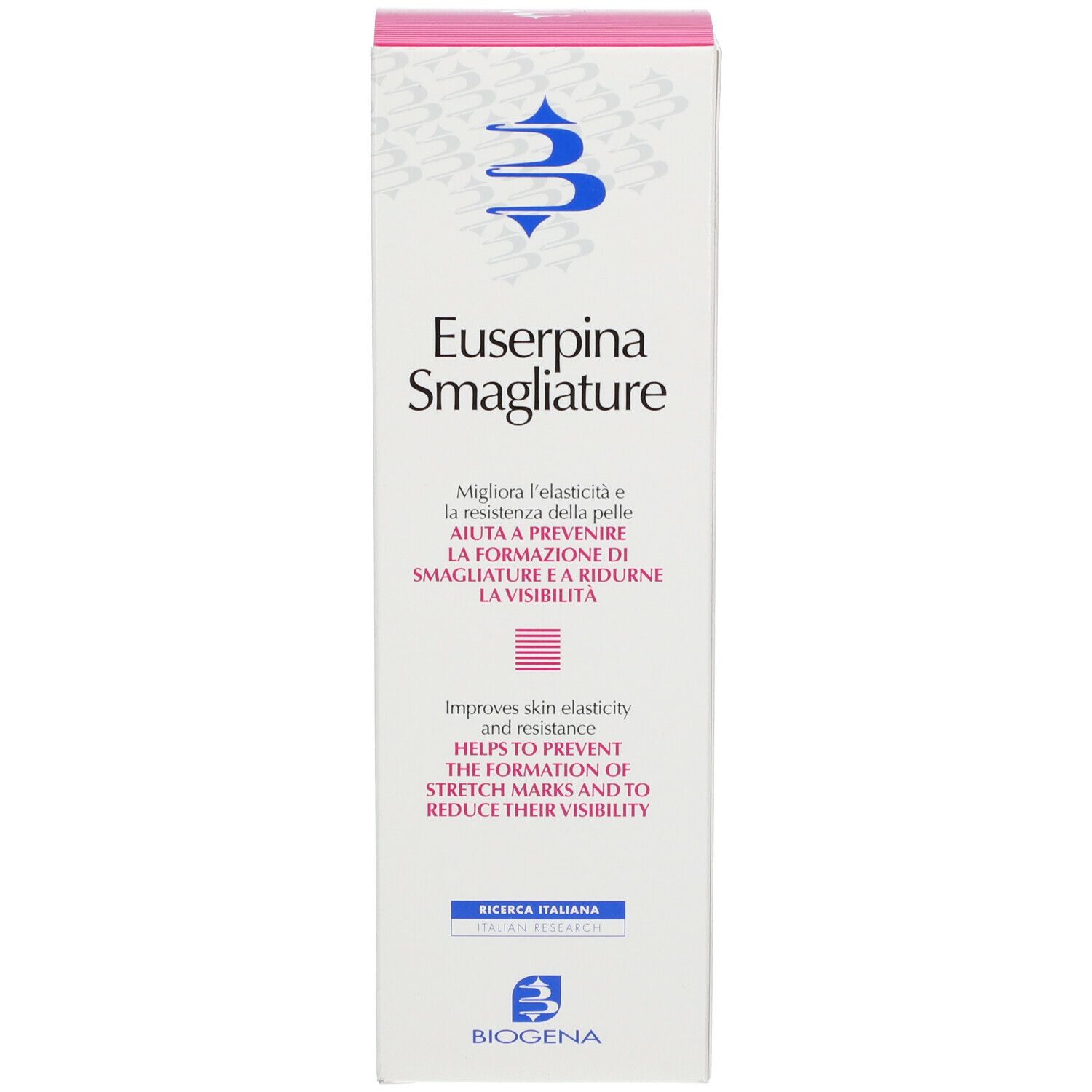 Produktkarton mit Produktnamen und Logo. Text in italienischer und englischer Sprache. Marke BIOGENA.